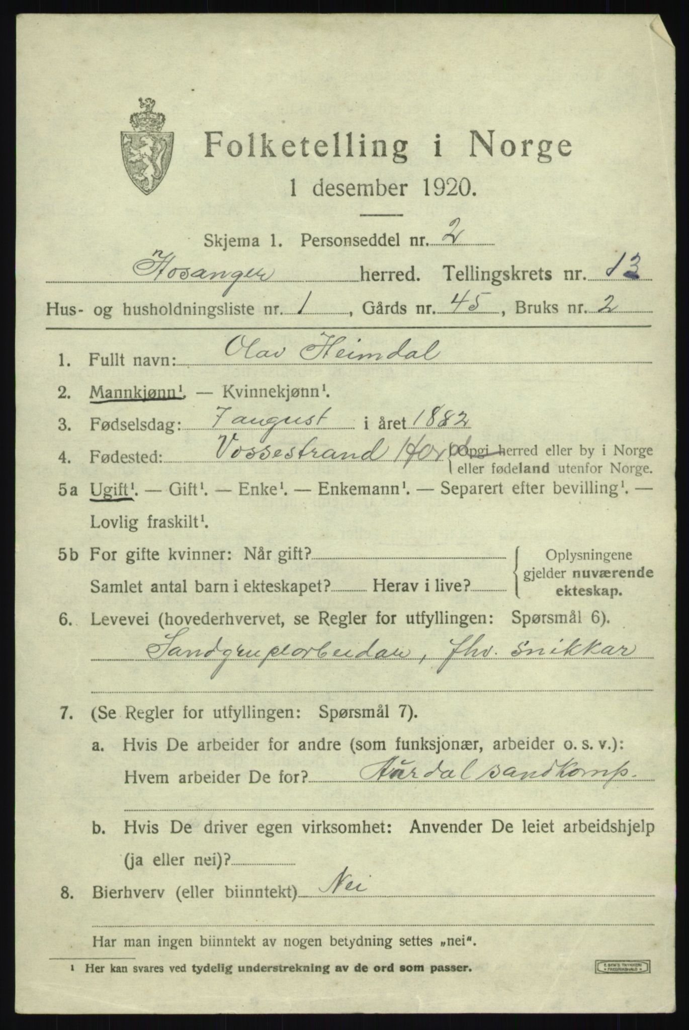 SAB, 1920 census for Hosanger, 1920, p. 5101