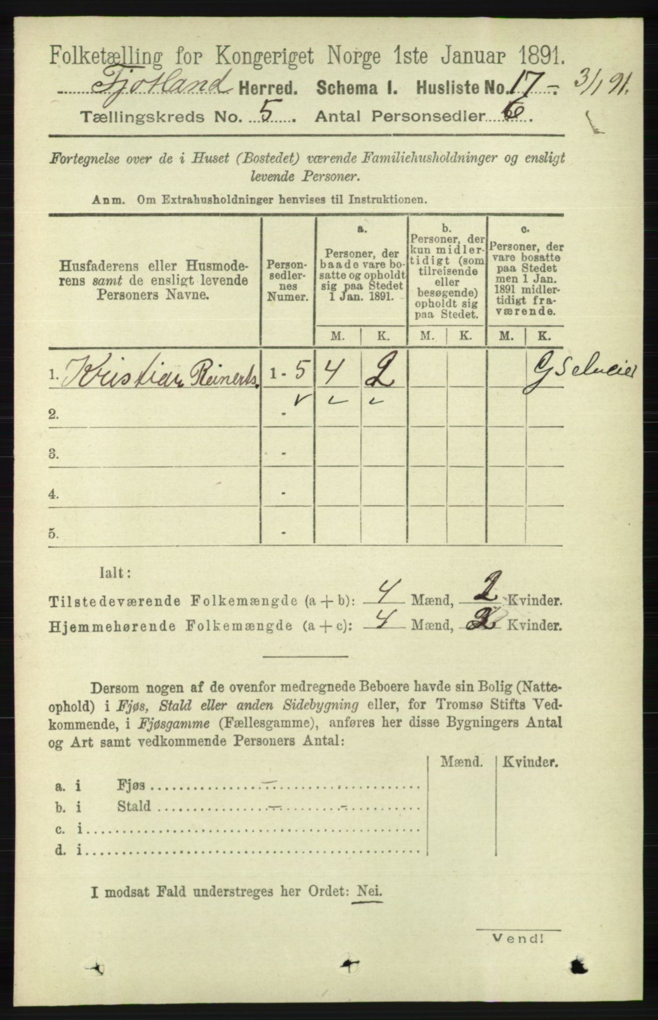 RA, 1891 census for 1036 Fjotland, 1891, p. 715