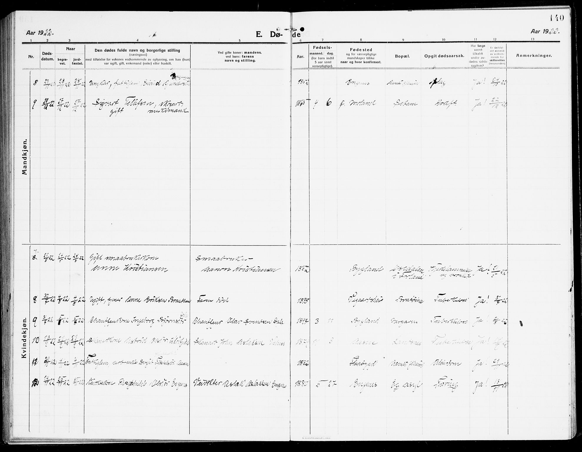 Åmli sokneprestkontor, AV/SAK-1111-0050/F/Fa/Fac/L0013: Parish register (official) no. A 13, 1914-1933, p. 140