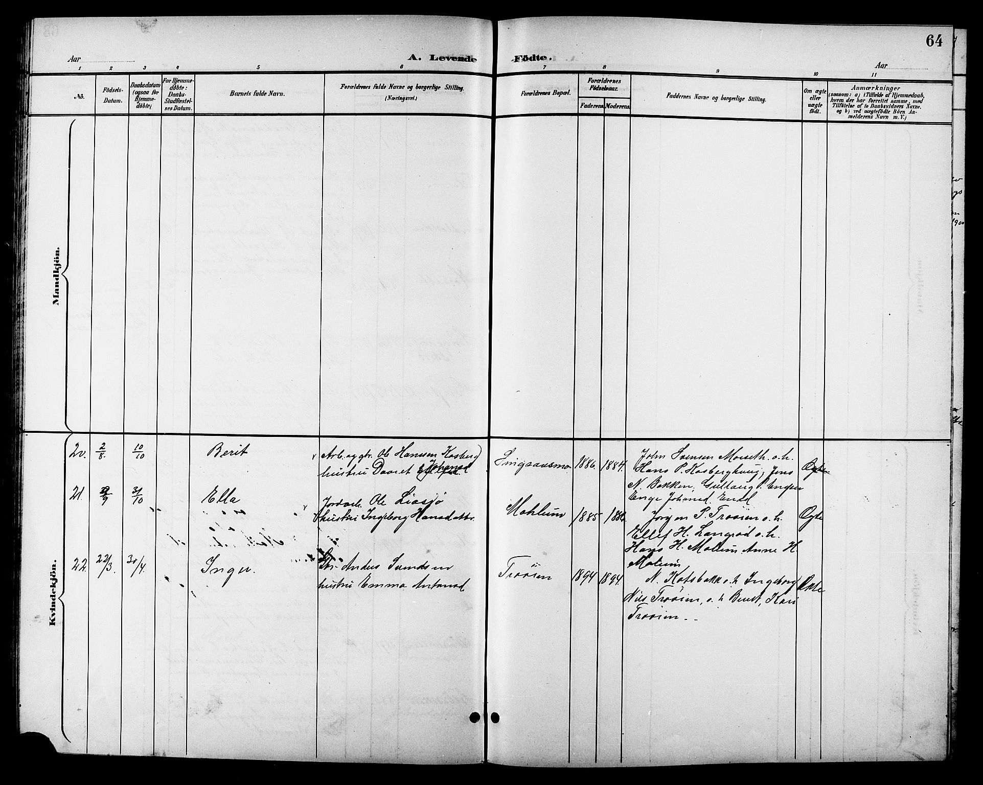 Ministerialprotokoller, klokkerbøker og fødselsregistre - Sør-Trøndelag, AV/SAT-A-1456/688/L1029: Parish register (copy) no. 688C04, 1899-1915, p. 64