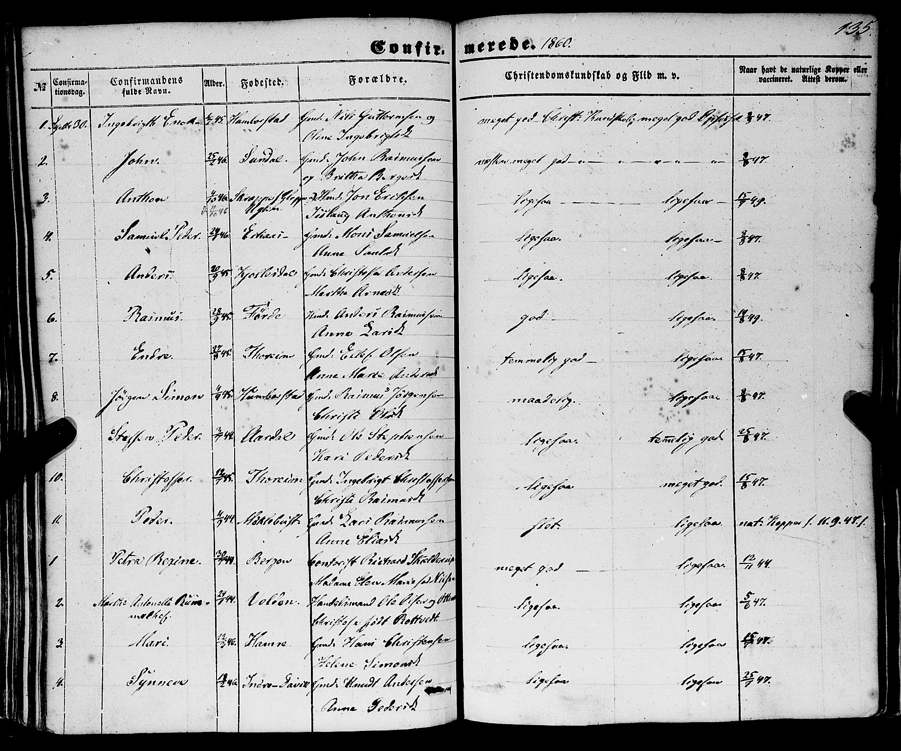 Davik sokneprestembete, SAB/A-79701/H/Haa/Haaa/L0005: Parish register (official) no. A 5, 1850-1866, p. 135