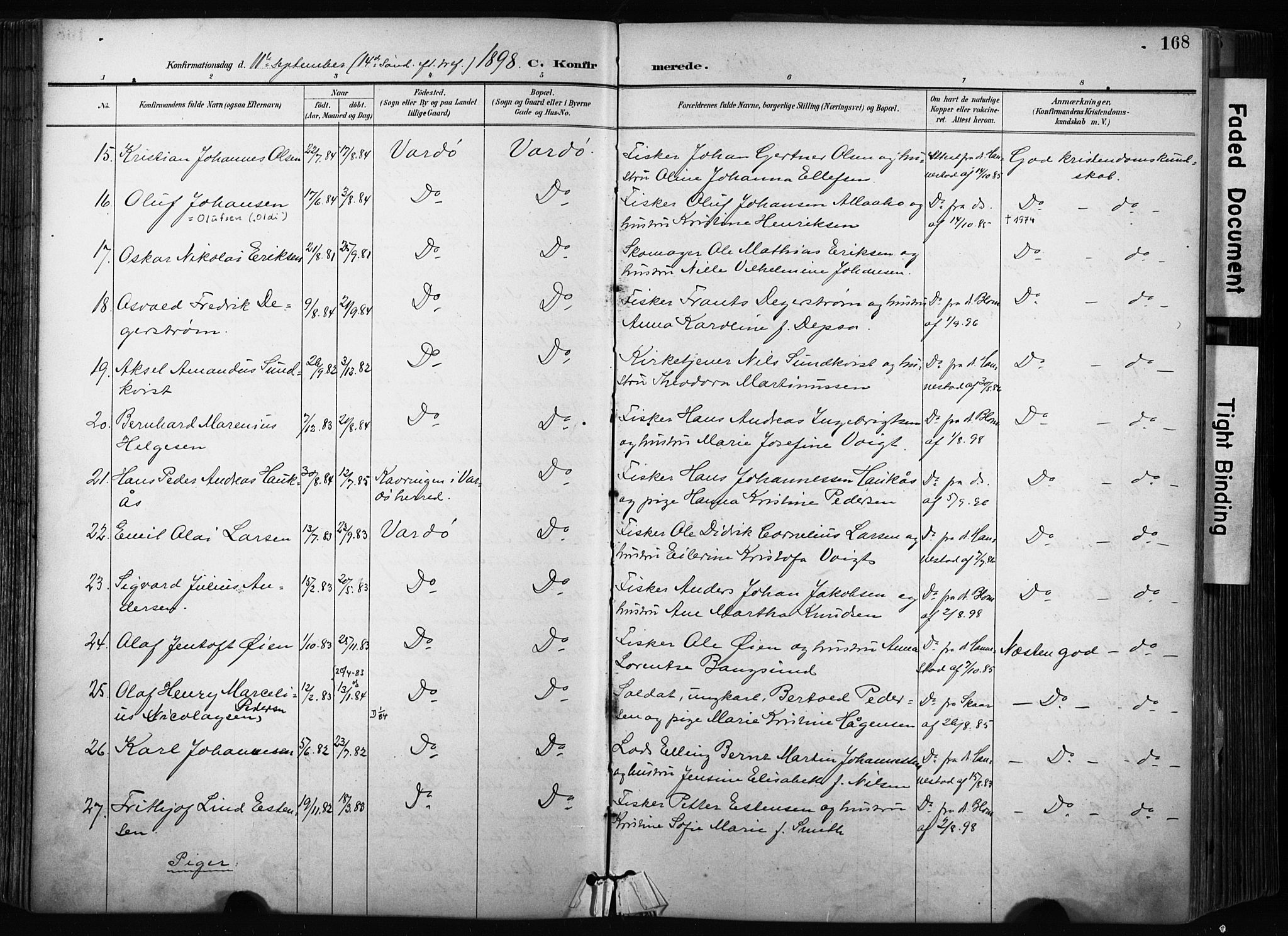 Vardø sokneprestkontor, SATØ/S-1332/H/Ha/L0010kirke: Parish register (official) no. 10, 1895-1907, p. 168