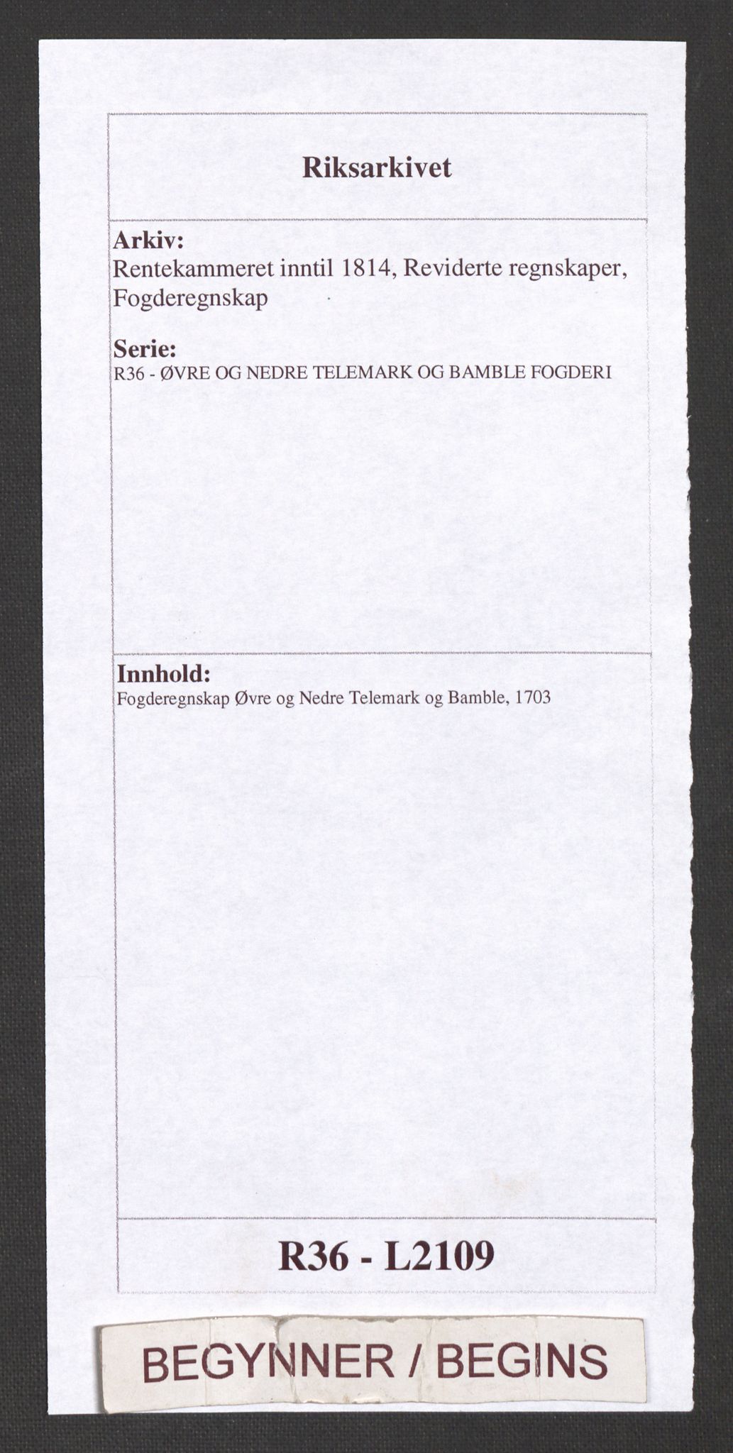 Rentekammeret inntil 1814, Reviderte regnskaper, Fogderegnskap, AV/RA-EA-4092/R36/L2109: Fogderegnskap Øvre og Nedre Telemark og Bamble, 1703, p. 1