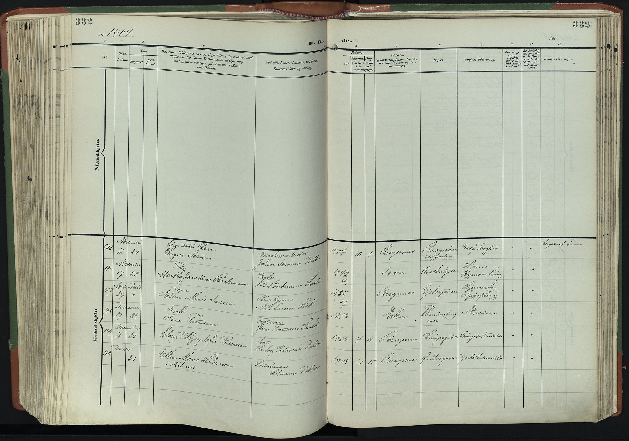 Bragernes kirkebøker, AV/SAKO-A-6/F/Fb/L0009: Parish register (official) no. II 9, 1902-1911, p. 332