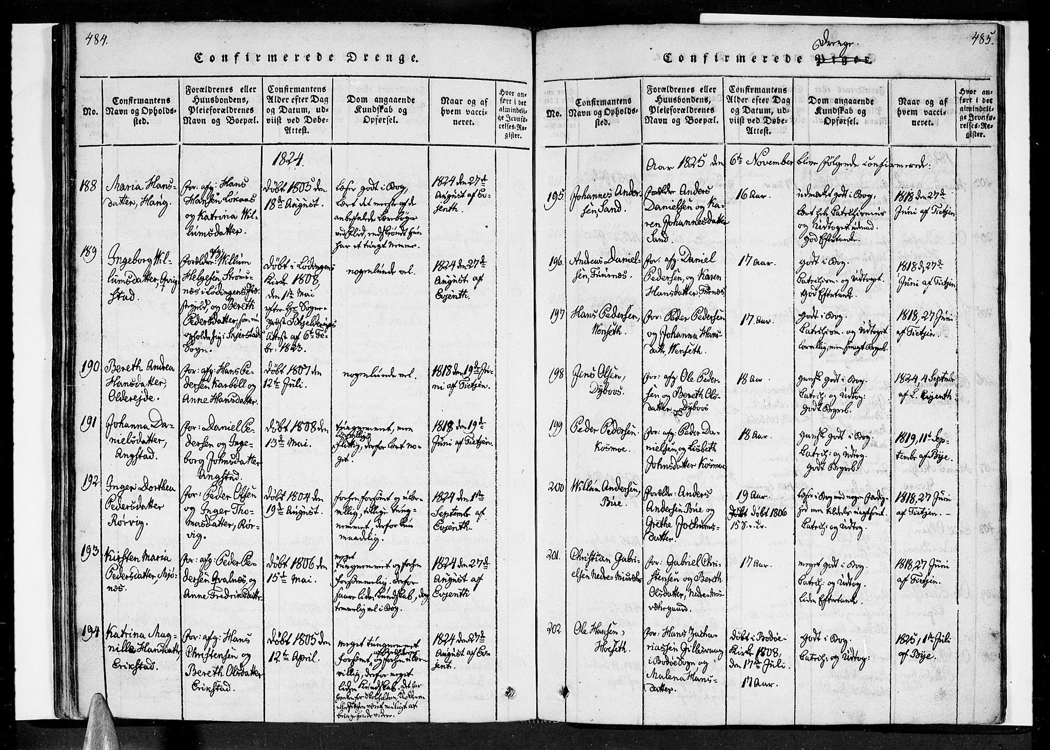 Ministerialprotokoller, klokkerbøker og fødselsregistre - Nordland, SAT/A-1459/852/L0736: Parish register (official) no. 852A06, 1820-1833, p. 484-485