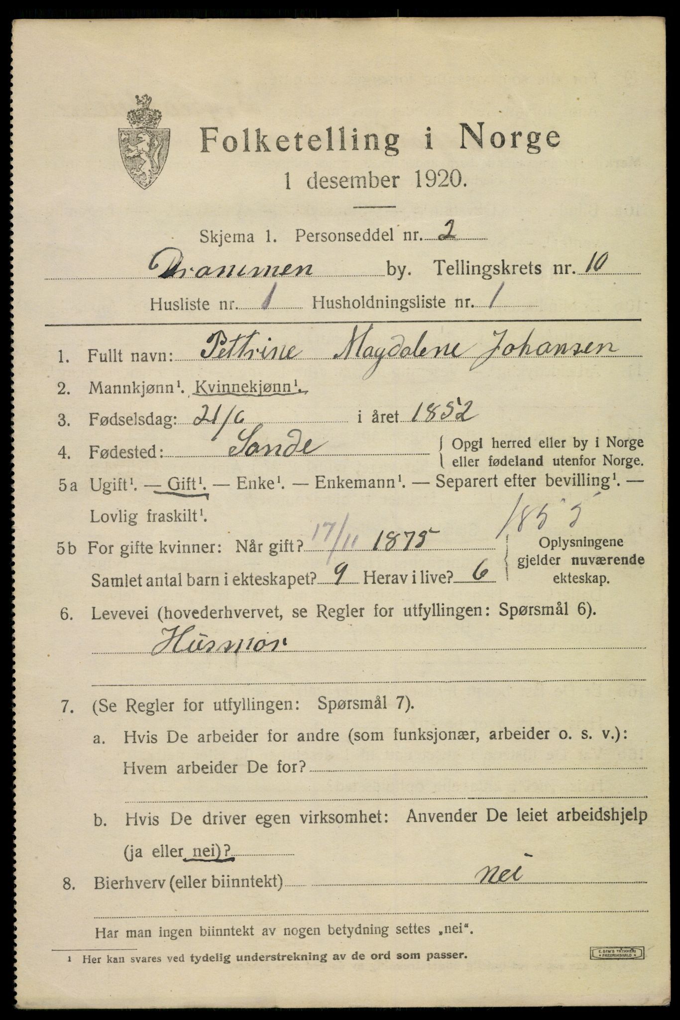 SAKO, 1920 census for Drammen, 1920, p. 62201