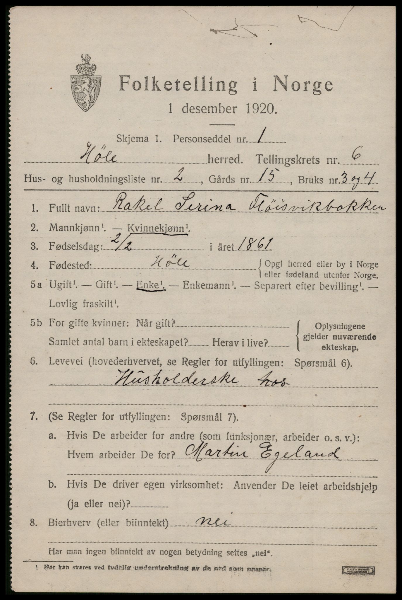 SAST, 1920 census for Høle, 1920, p. 1827