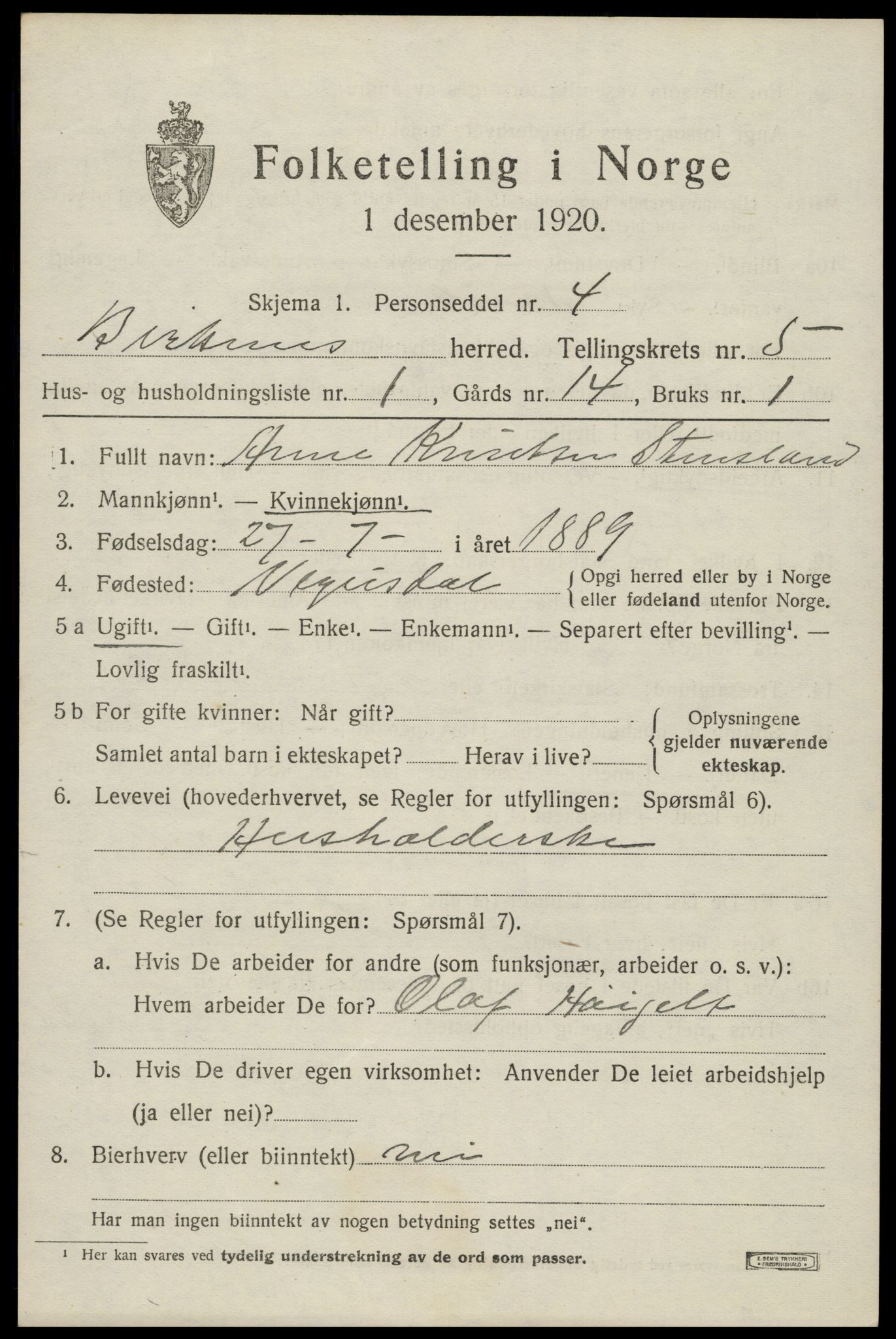 SAK, 1920 census for Birkenes, 1920, p. 3021