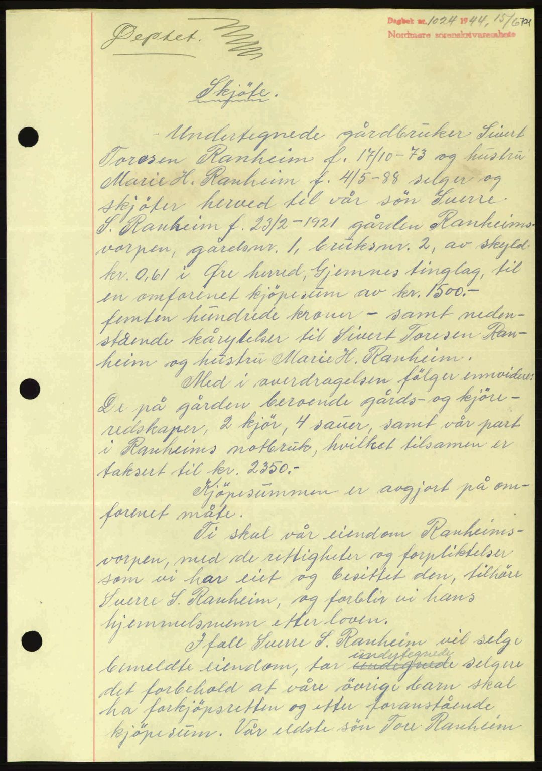 Nordmøre sorenskriveri, AV/SAT-A-4132/1/2/2Ca: Mortgage book no. A97, 1944-1944, Diary no: : 1024/1944