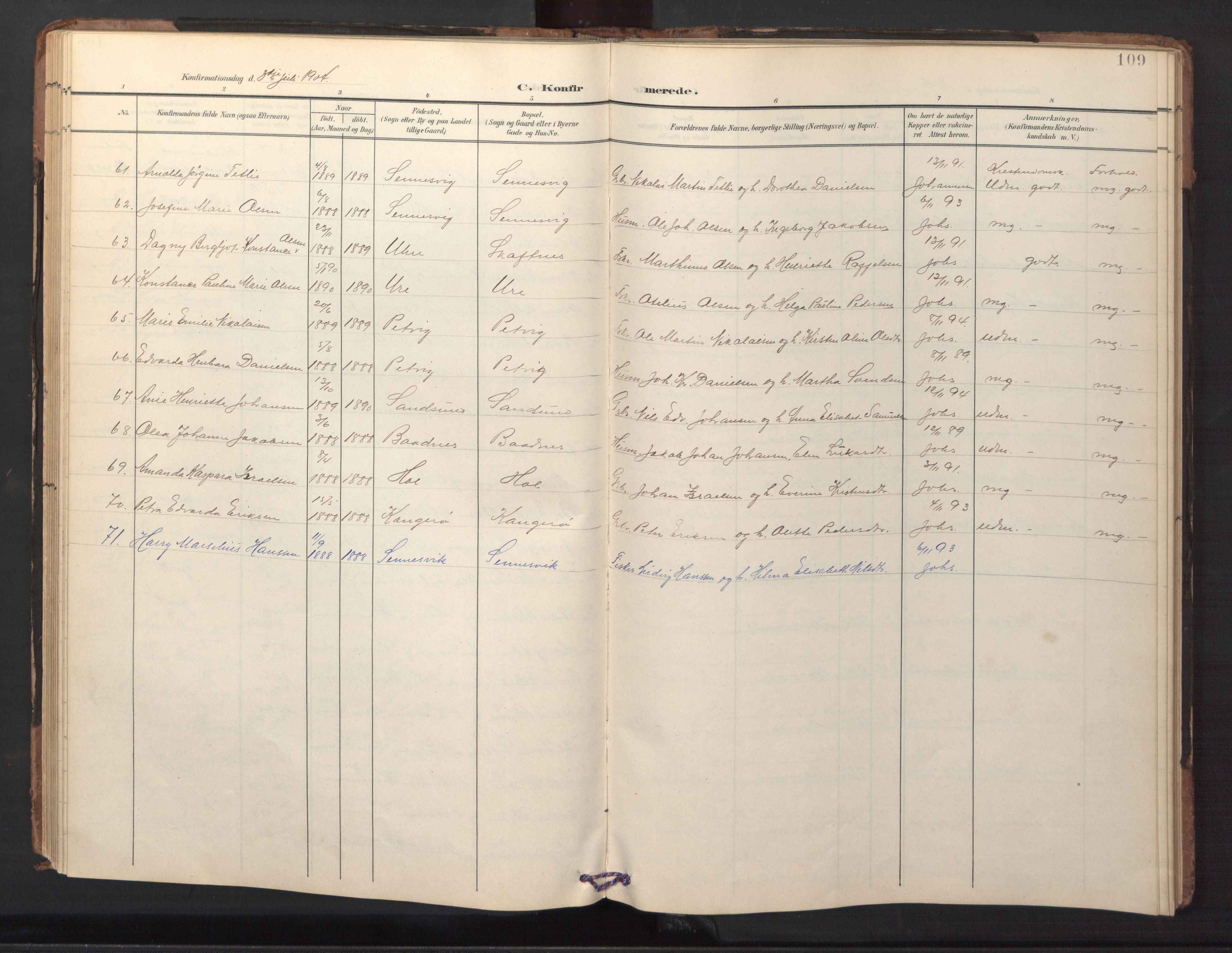 Ministerialprotokoller, klokkerbøker og fødselsregistre - Nordland, AV/SAT-A-1459/882/L1185: Parish register (copy) no. 882C03, 1898-1910, p. 109