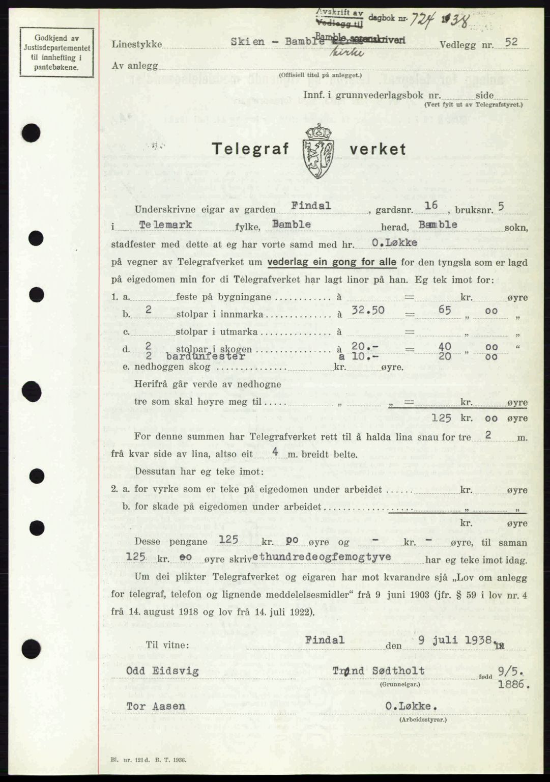 Bamble sorenskriveri, AV/SAKO-A-214/G/Ga/Gag/L0002: Mortgage book no. A-2, 1937-1938, Diary no: : 724/1938