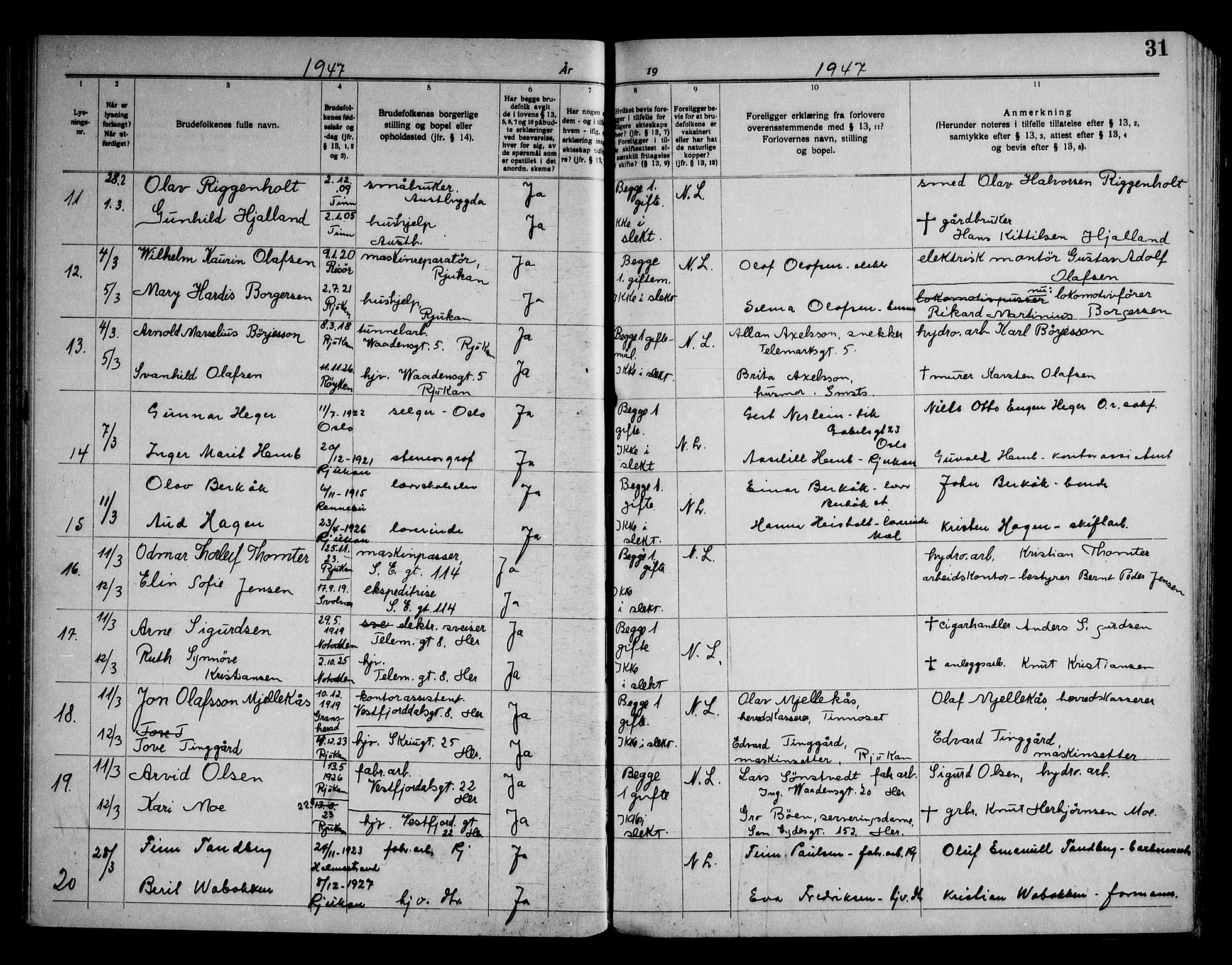 Rjukan kirkebøker, AV/SAKO-A-294/H/Ha/L0001: Banns register no. 1, 1939-1959, p. 31