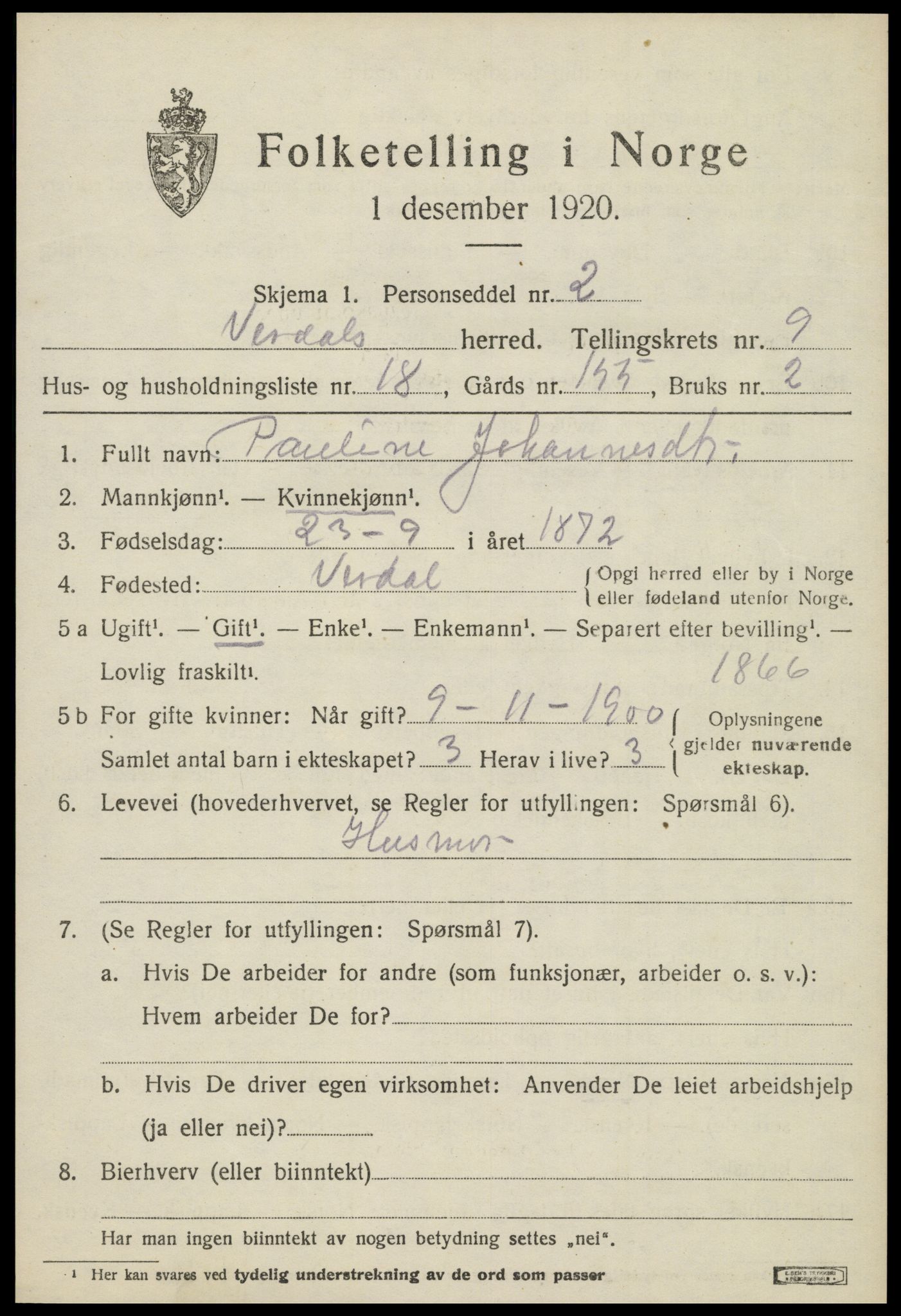 SAT, 1920 census for Verdal, 1920, p. 11599