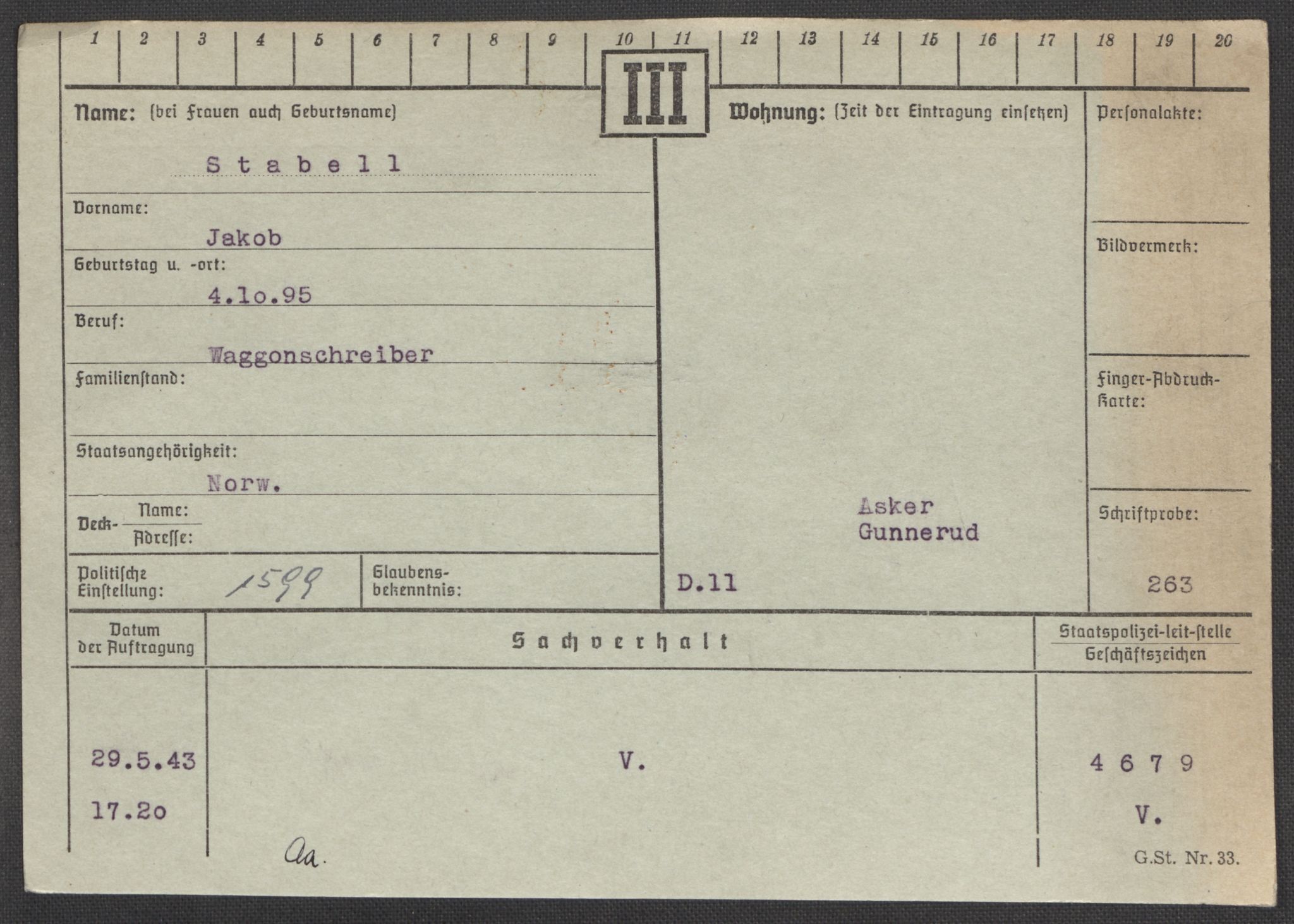 Befehlshaber der Sicherheitspolizei und des SD, RA/RAFA-5969/E/Ea/Eaa/L0009: Register over norske fanger i Møllergata 19: Ru-Sy, 1940-1945, p. 1100