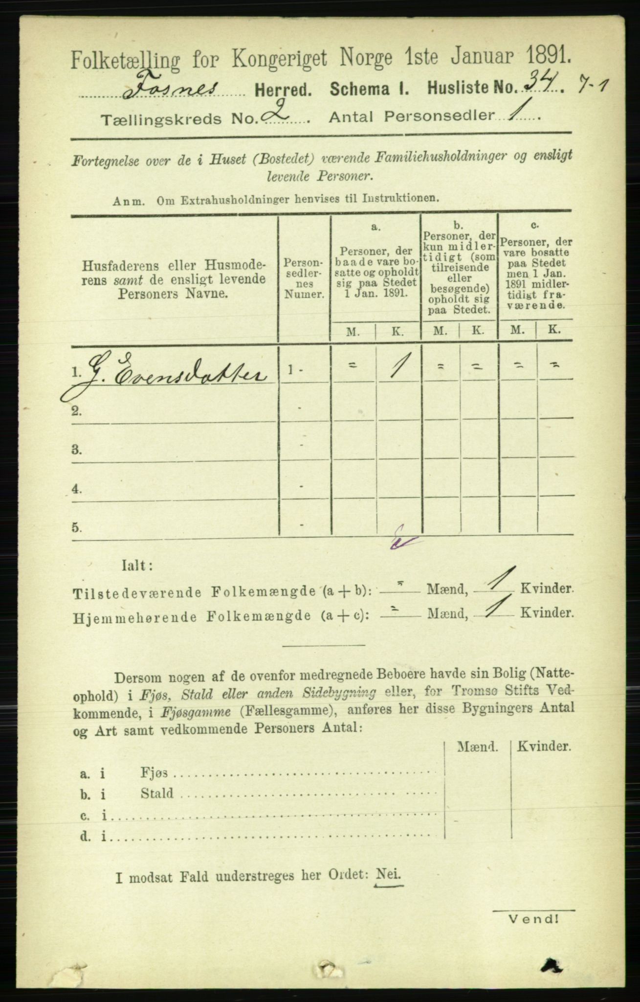 RA, 1891 census for 1748 Fosnes, 1891, p. 398