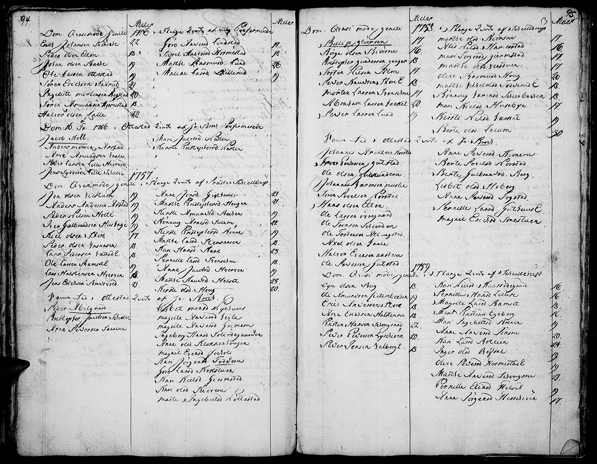 Stange prestekontor, SAH/PREST-002/K/L0005: Parish register (official) no. 5, 1754-1762, p. 94-95