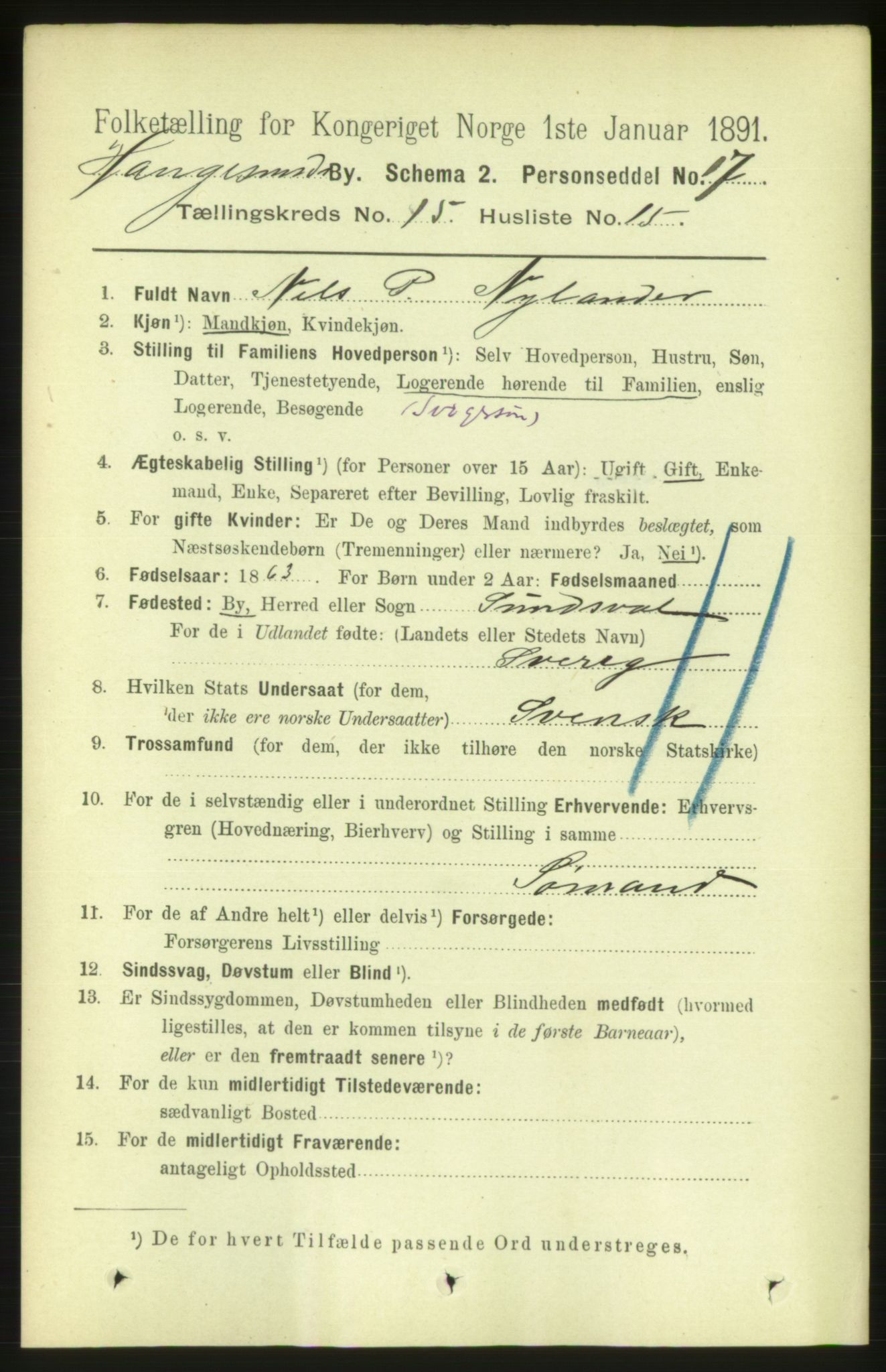 RA, 1891 census for 1106 Haugesund, 1891, p. 5067