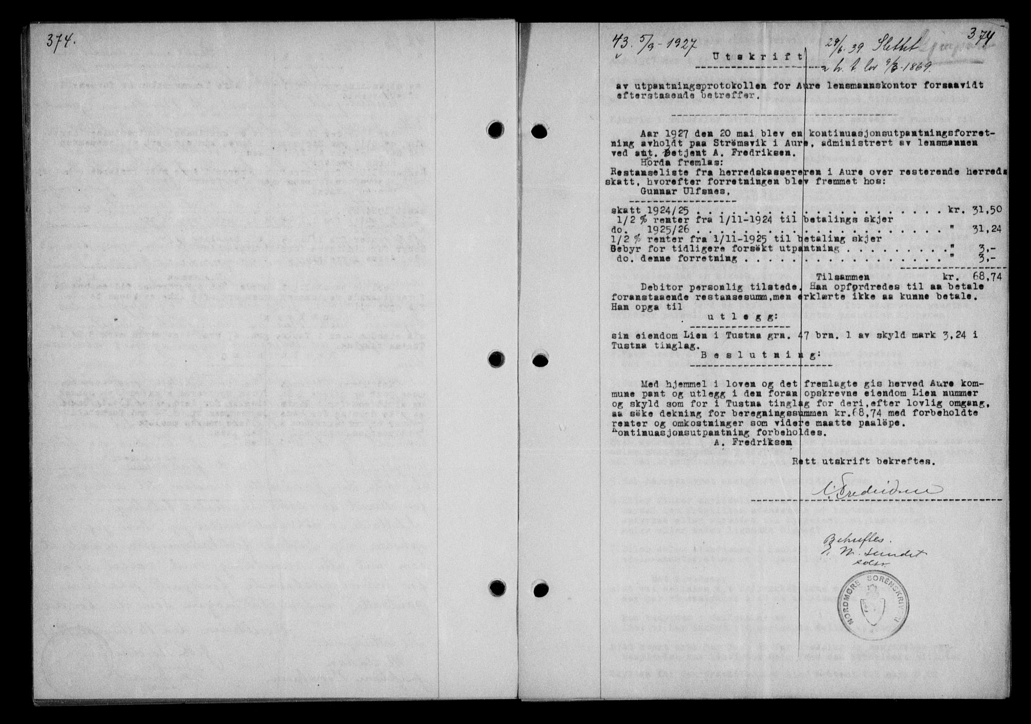 Nordmøre sorenskriveri, AV/SAT-A-4132/1/2/2Ca/L0062: Mortgage book no. 52, 1927-1927, Deed date: 05.09.1927