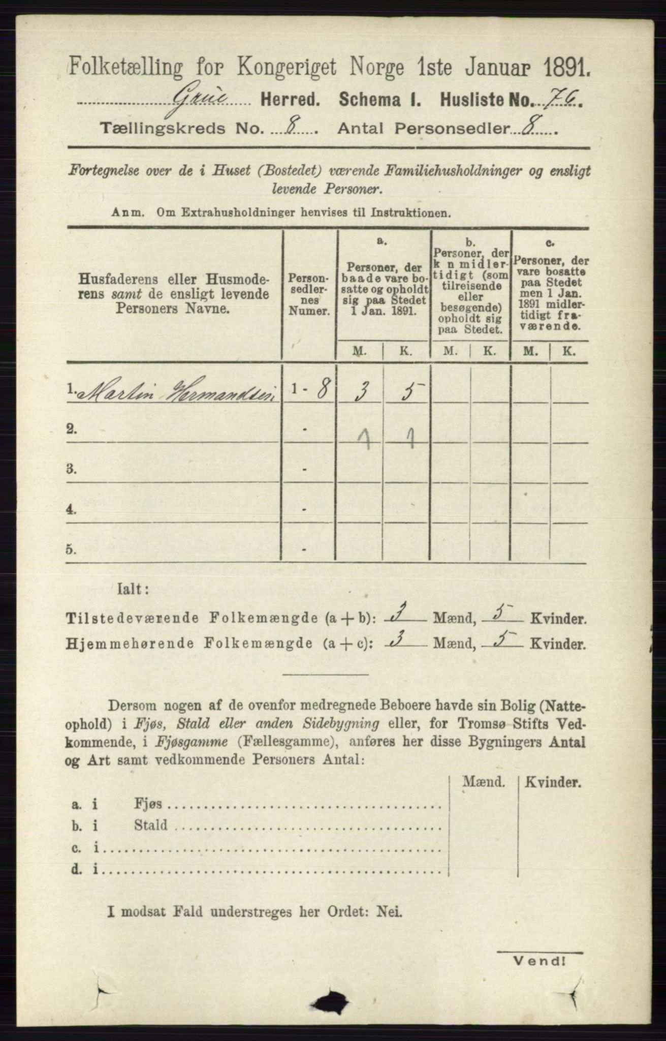 RA, 1891 census for 0423 Grue, 1891, p. 4309