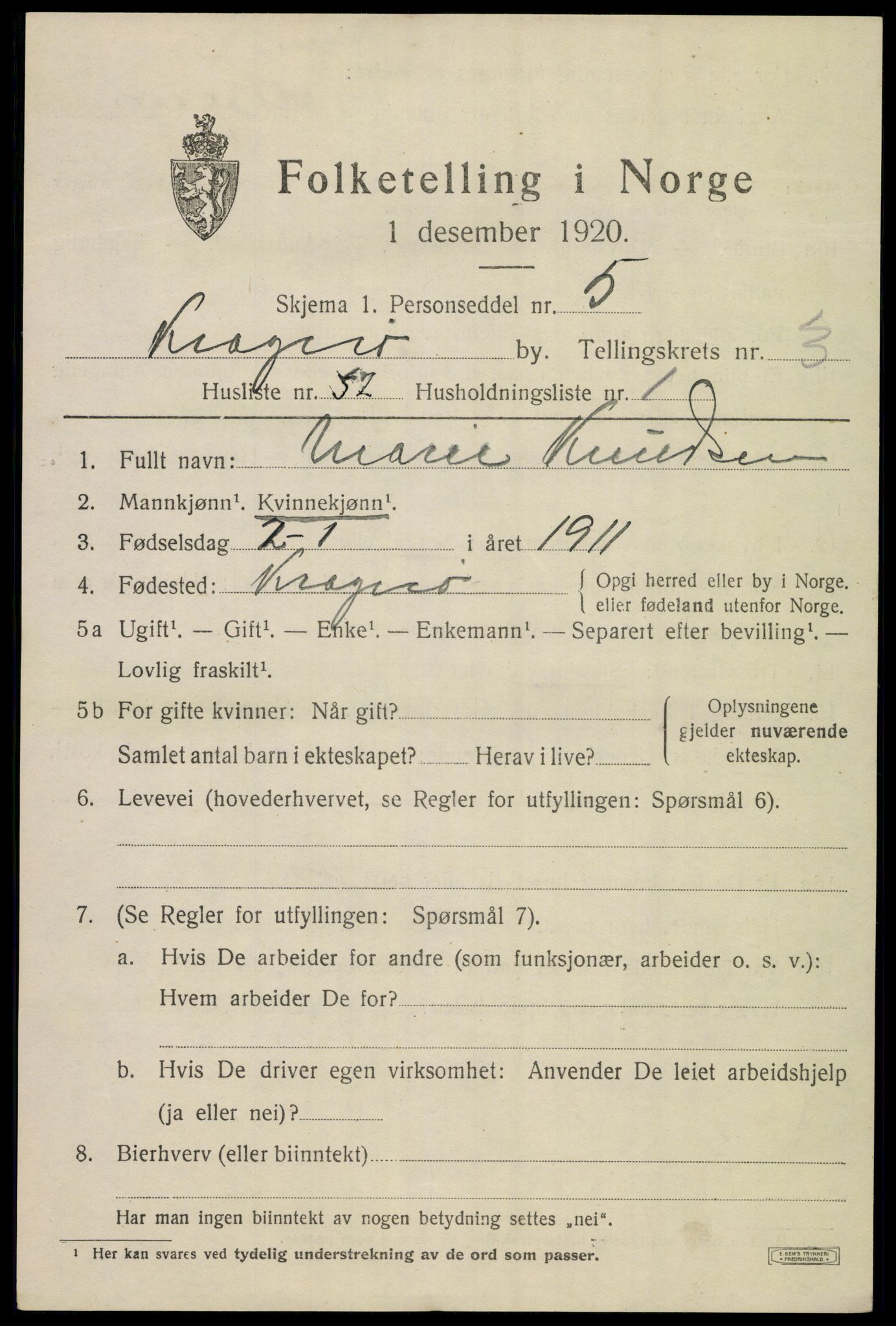 SAKO, 1920 census for Kragerø, 1920, p. 7663