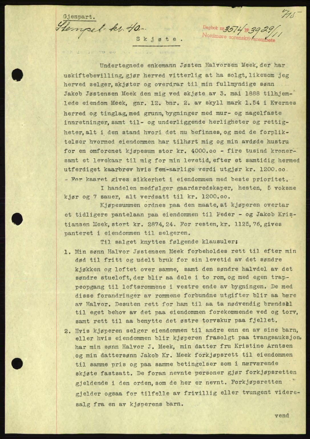 Nordmøre sorenskriveri, AV/SAT-A-4132/1/2/2Ca: Mortgage book no. A87, 1939-1940, Diary no: : 3514/1939