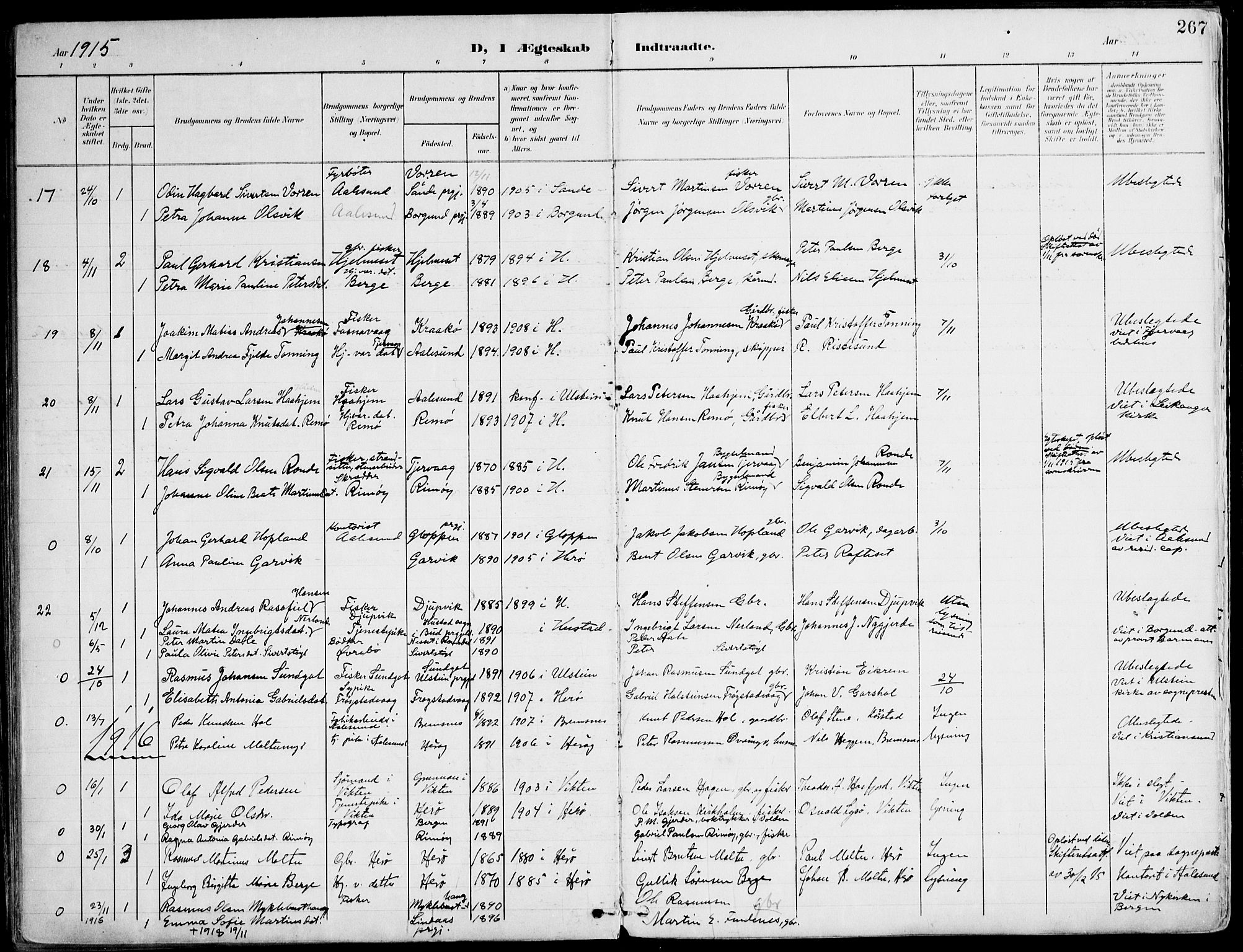 Ministerialprotokoller, klokkerbøker og fødselsregistre - Møre og Romsdal, SAT/A-1454/507/L0075: Parish register (official) no. 507A10, 1901-1920, p. 267