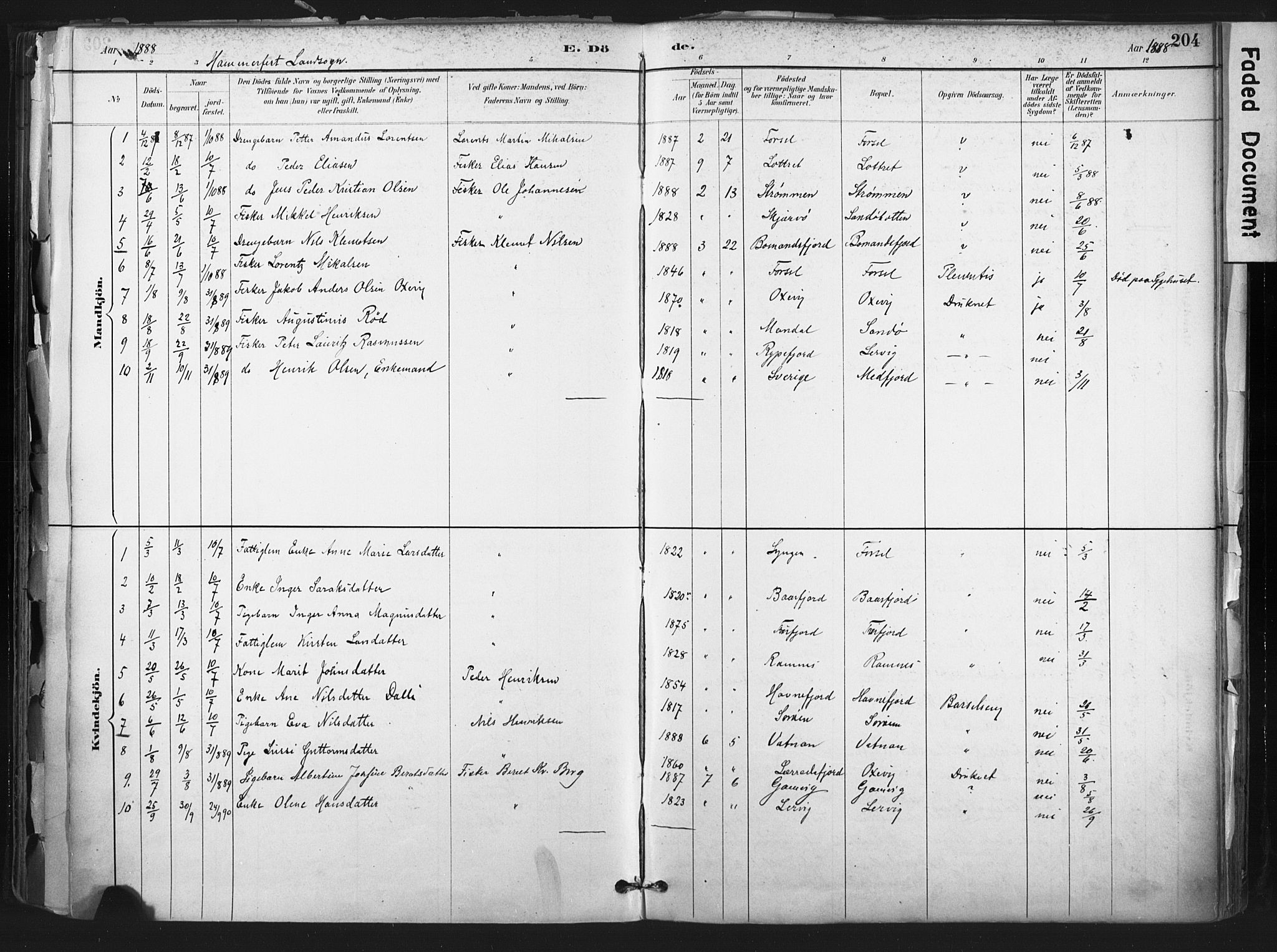 Hammerfest sokneprestkontor, SATØ/S-1347: Parish register (official) no. 11 /1, 1885-1897, p. 204