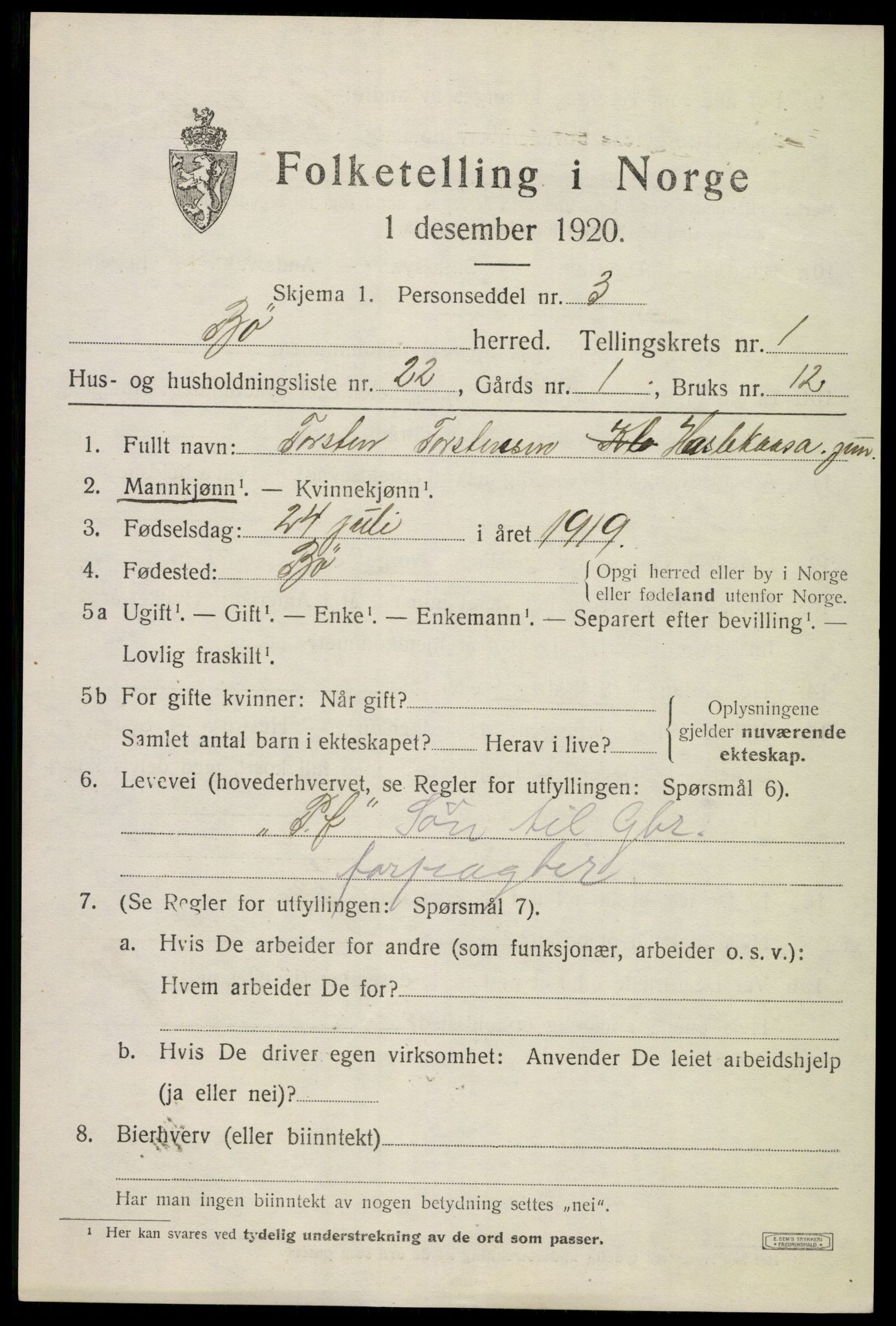 SAKO, 1920 census for Bø (Telemark), 1920, p. 1540