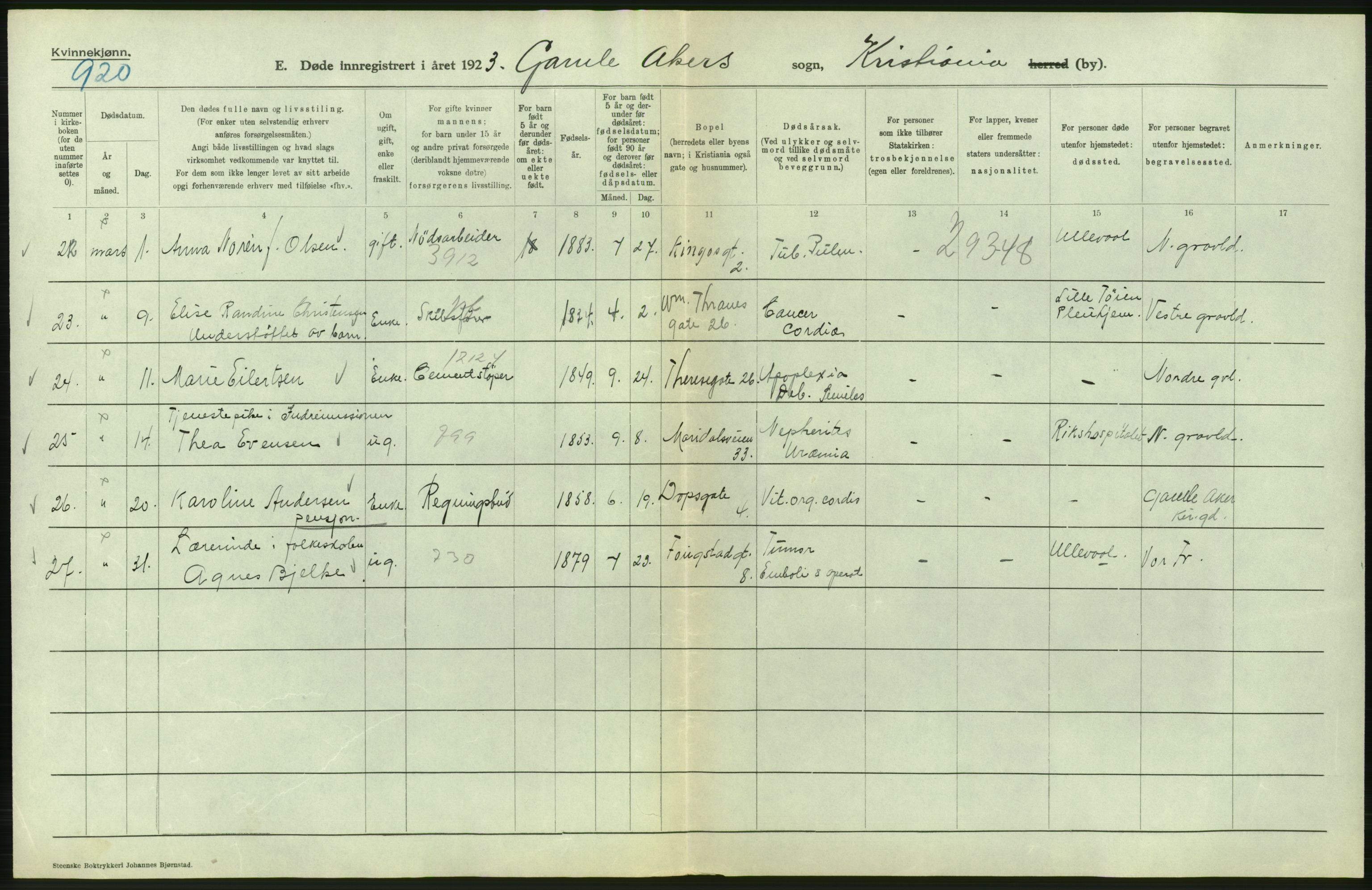 Statistisk sentralbyrå, Sosiodemografiske emner, Befolkning, AV/RA-S-2228/D/Df/Dfc/Dfcd/L0009: Kristiania: Døde kvinner, dødfødte, 1924, p. 196