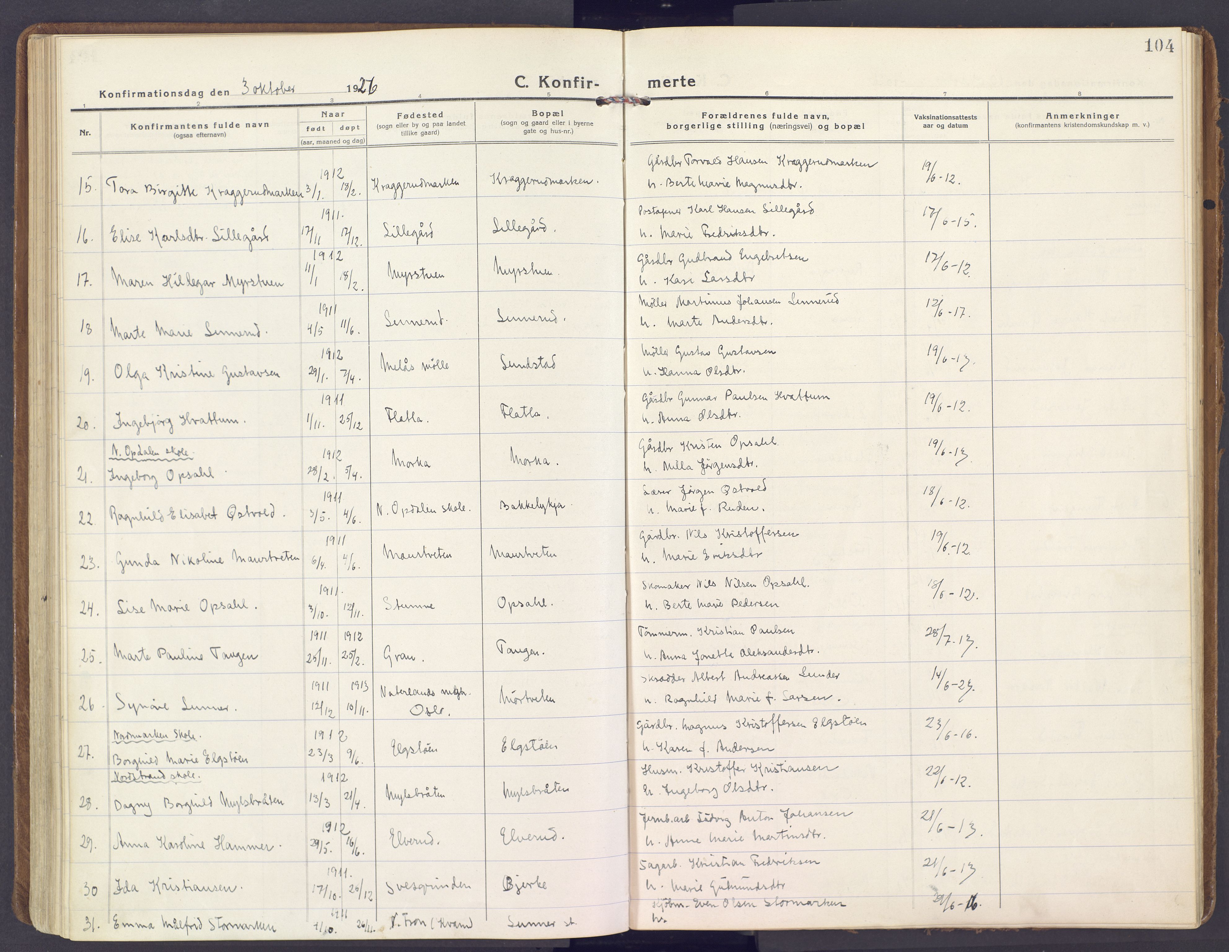 Lunner prestekontor, AV/SAH-PREST-118/H/Ha/Haa/L0002: Parish register (official) no. 2, 1922-1931, p. 104