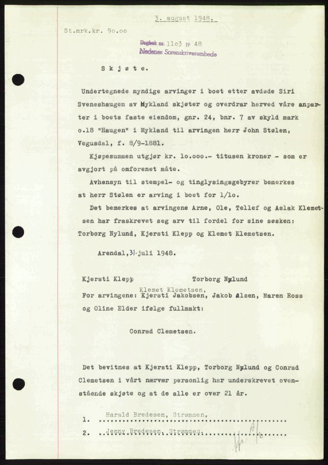 Nedenes sorenskriveri, SAK/1221-0006/G/Gb/Gba/L0059: Mortgage book no. A11, 1948-1948, Diary no: : 1103/1948