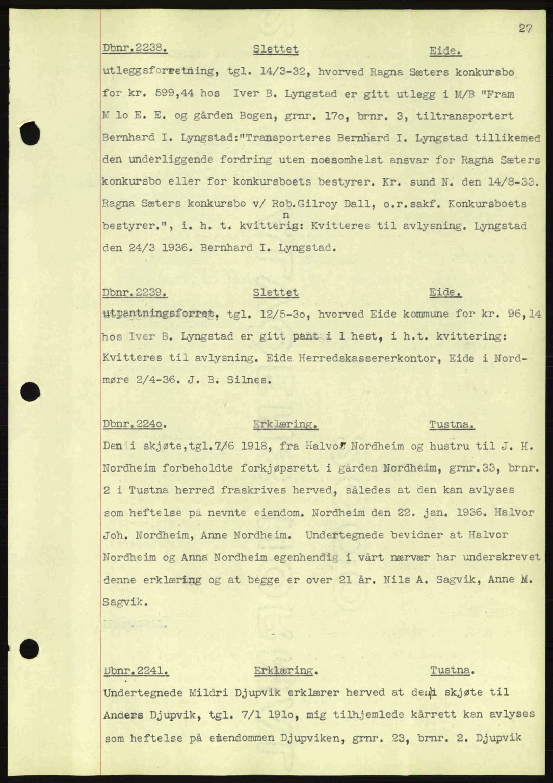 Nordmøre sorenskriveri, AV/SAT-A-4132/1/2/2Ca: Mortgage book no. C80, 1936-1939, Diary no: : 2238/1936