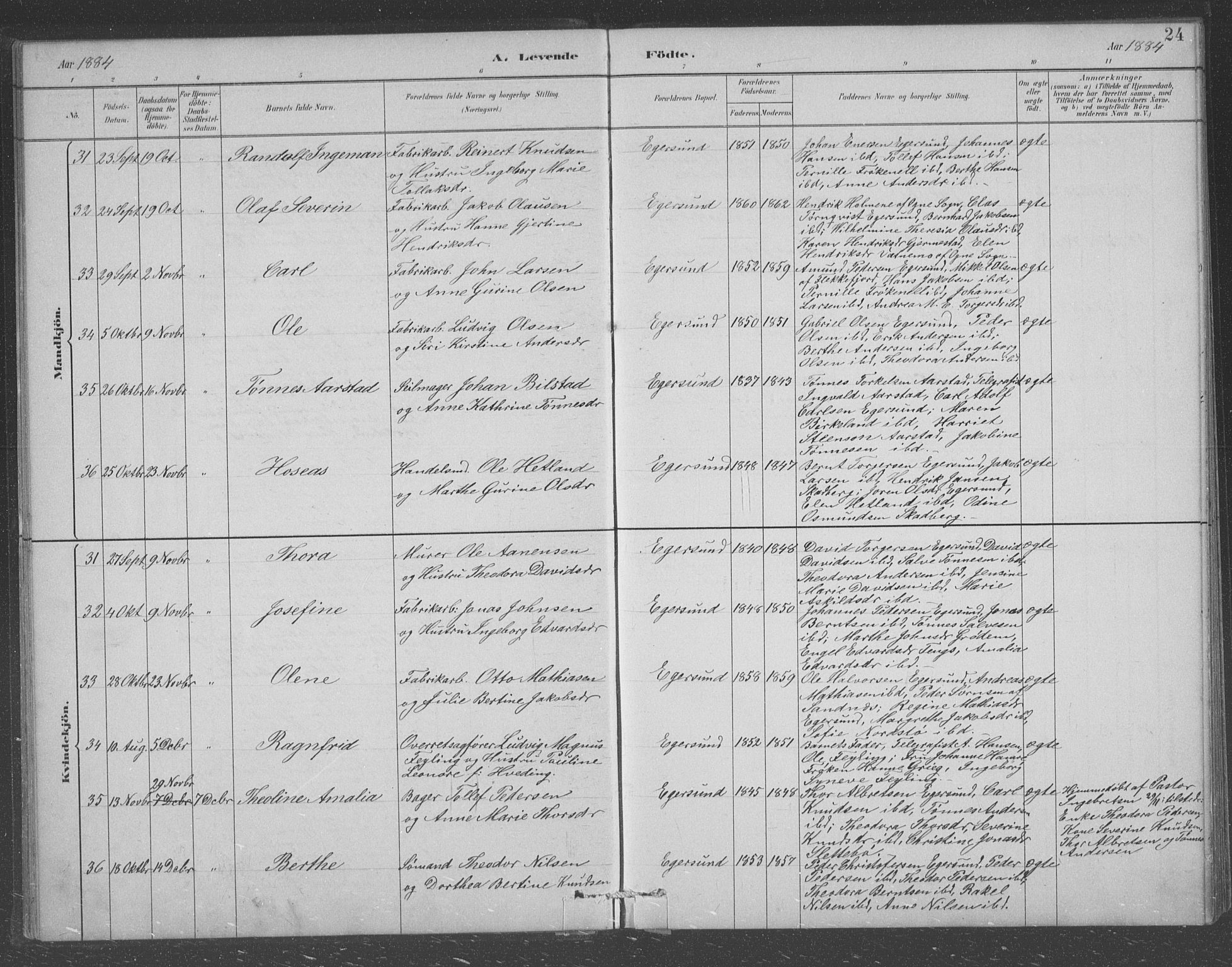 Eigersund sokneprestkontor, SAST/A-101807/S09/L0008: Parish register (copy) no. B 8, 1882-1892, p. 24