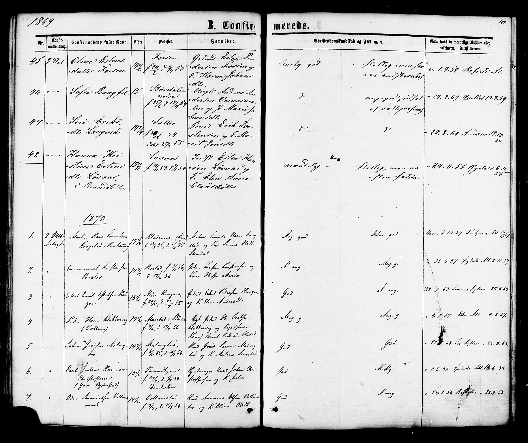 Ministerialprotokoller, klokkerbøker og fødselsregistre - Sør-Trøndelag, SAT/A-1456/616/L0409: Parish register (official) no. 616A06, 1865-1877, p. 108