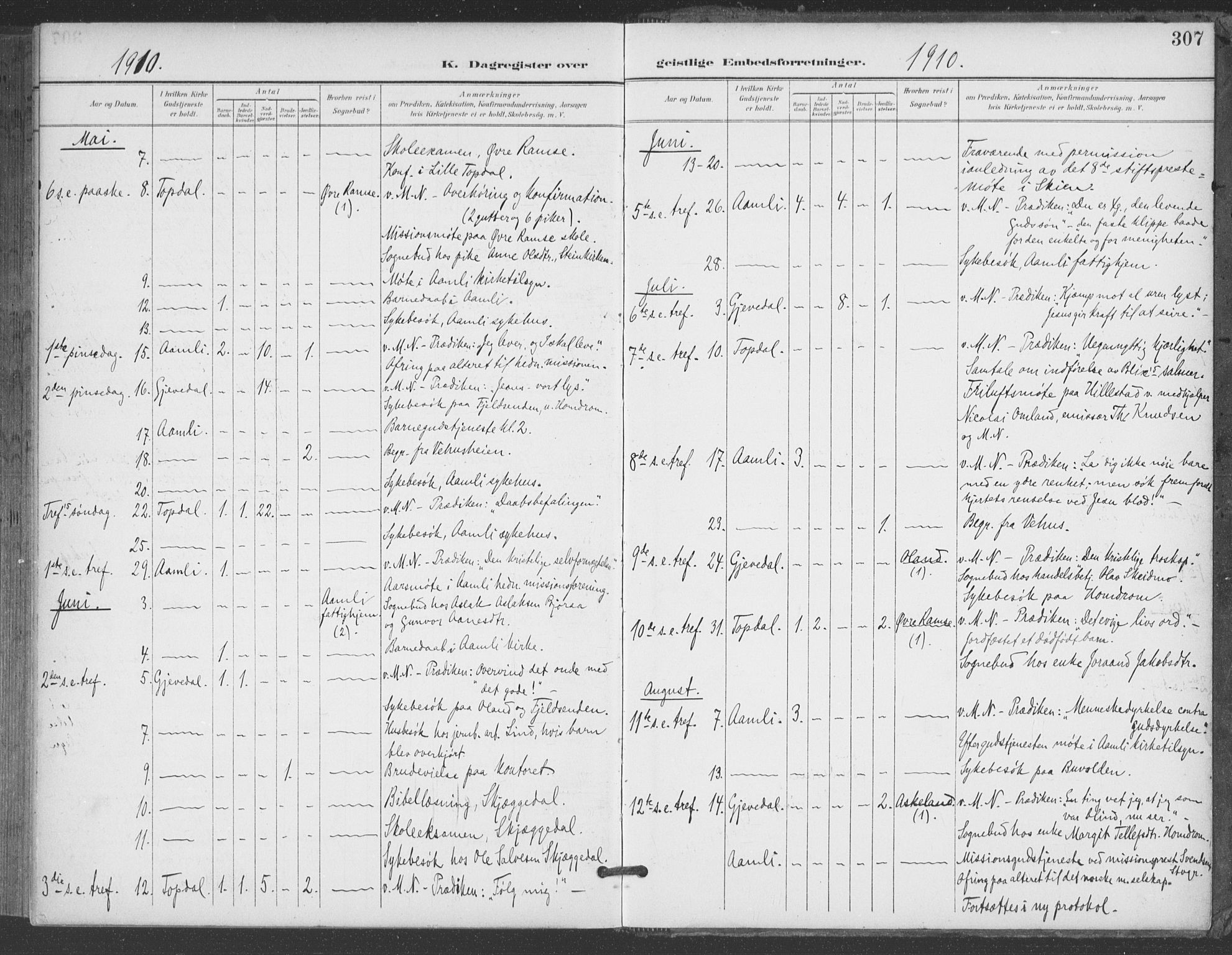 Åmli sokneprestkontor, AV/SAK-1111-0050/F/Fa/Fac/L0012: Parish register (official) no. A 12, 1900-1914, p. 307