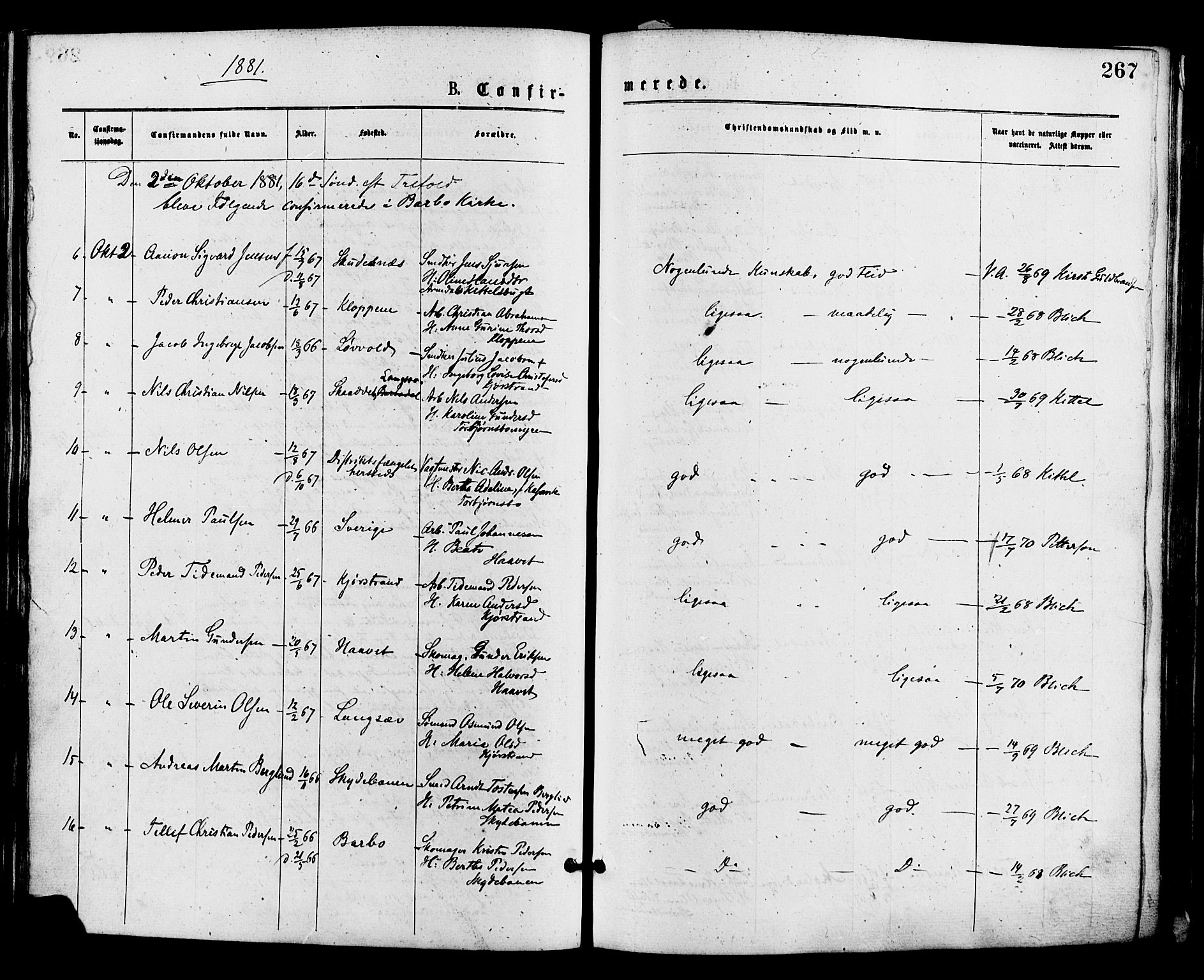 Barbu sokneprestkontor, AV/SAK-1111-0003/F/Fa/L0001: Parish register (official) no. A 1 /1, 1878-1883, p. 267