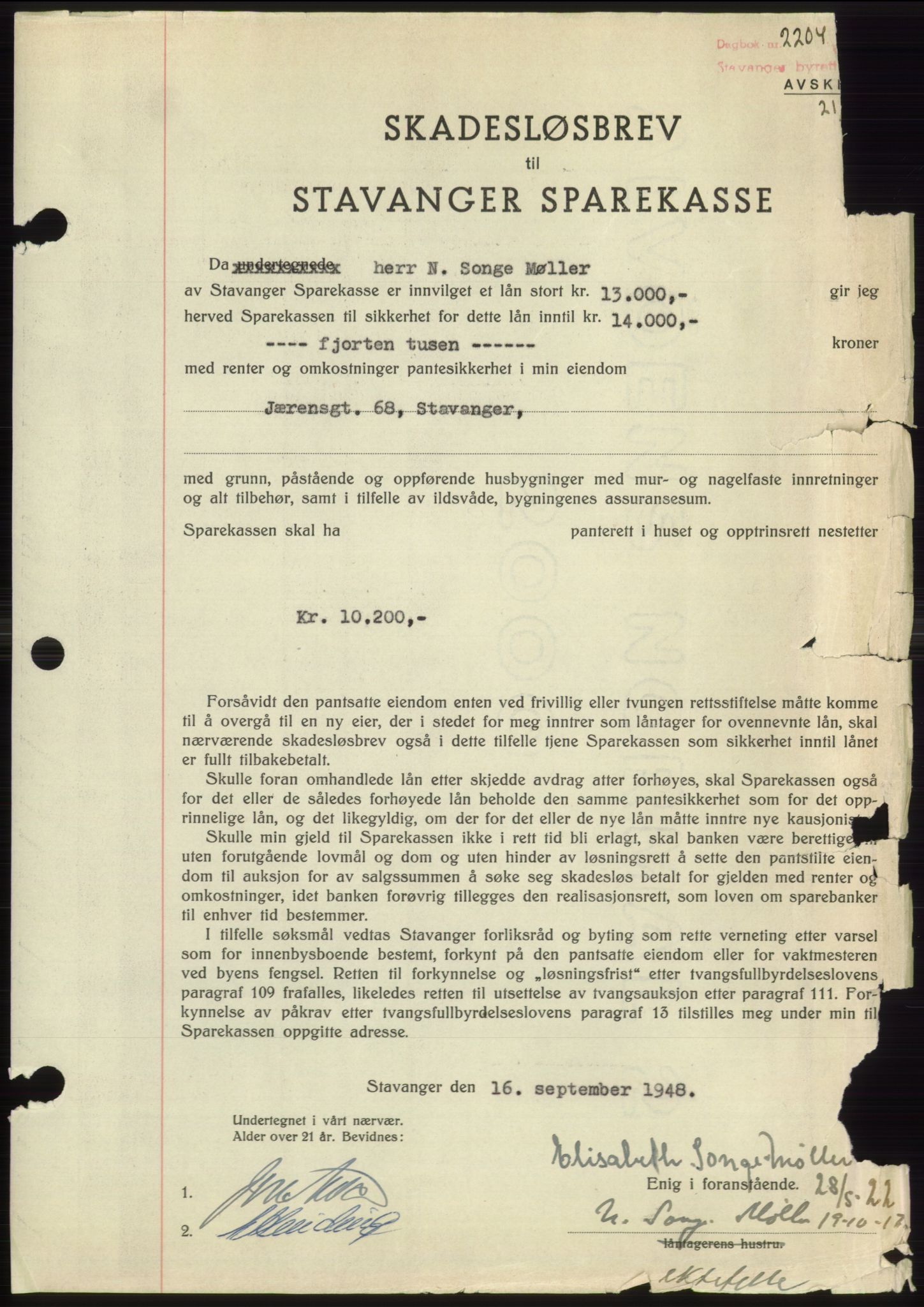 Stavanger byrett, SAST/A-100455/002/G/Gb/L0032: Mortgage book, 1947-1950, Diary no: : 2204/1948