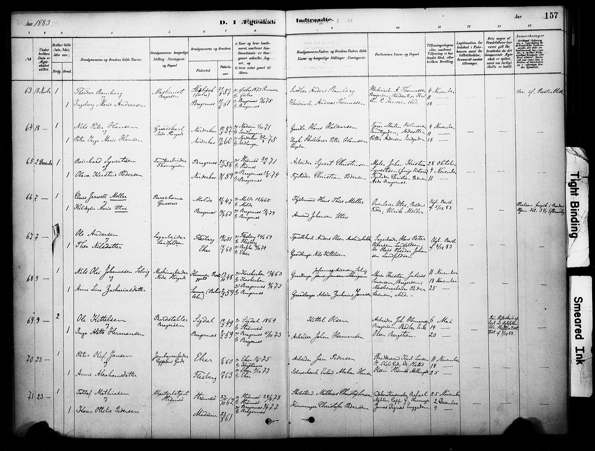 Bragernes kirkebøker, SAKO/A-6/F/Fc/L0005: Parish register (official) no. III 5, 1878-1890, p. 157