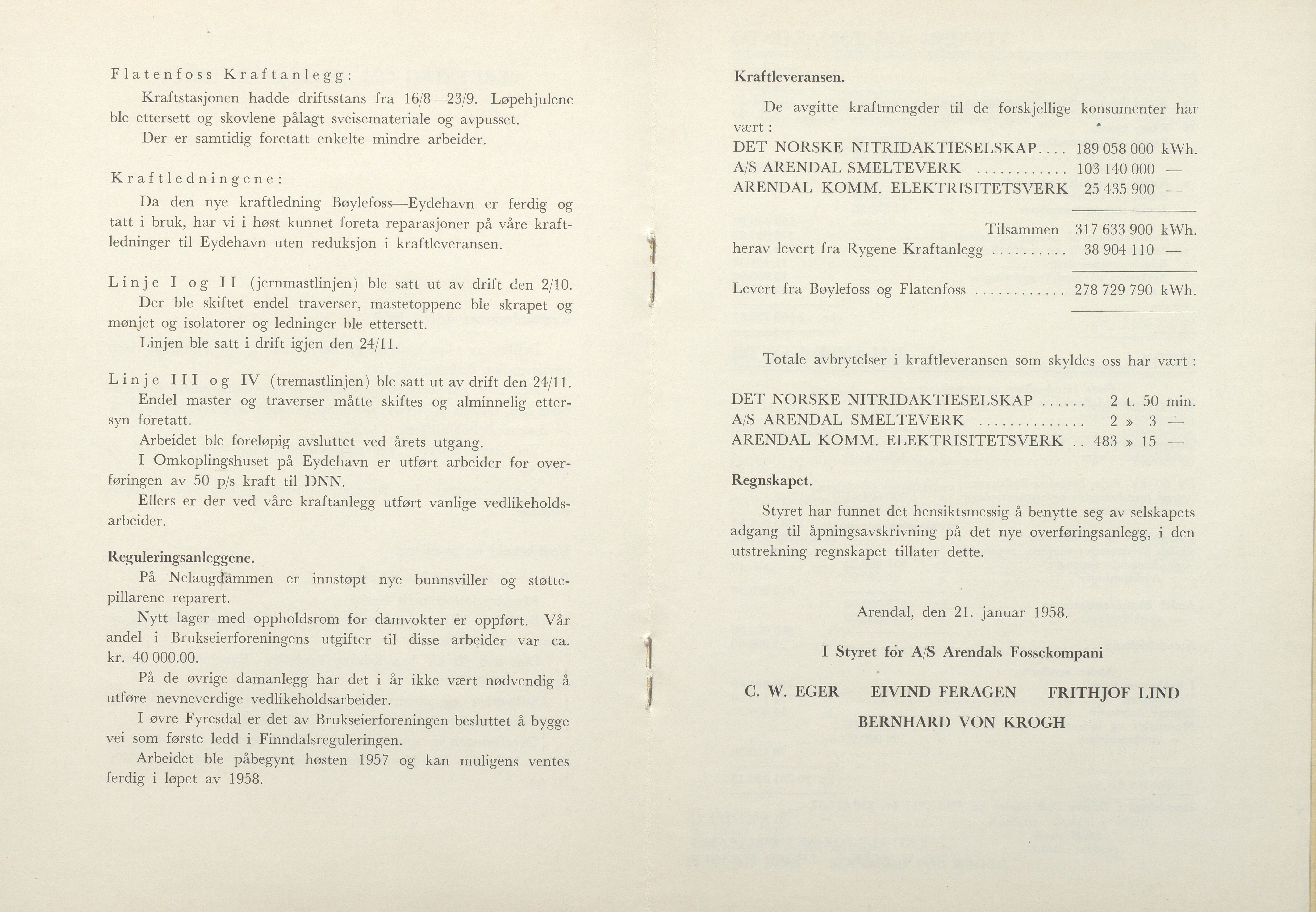 Arendals Fossekompani, AAKS/PA-2413/X/X01/L0001/0012: Beretninger, regnskap, balansekonto, gevinst- og tapskonto / Beretning, regnskap 1945 - 1962, 1945-1962, p. 76