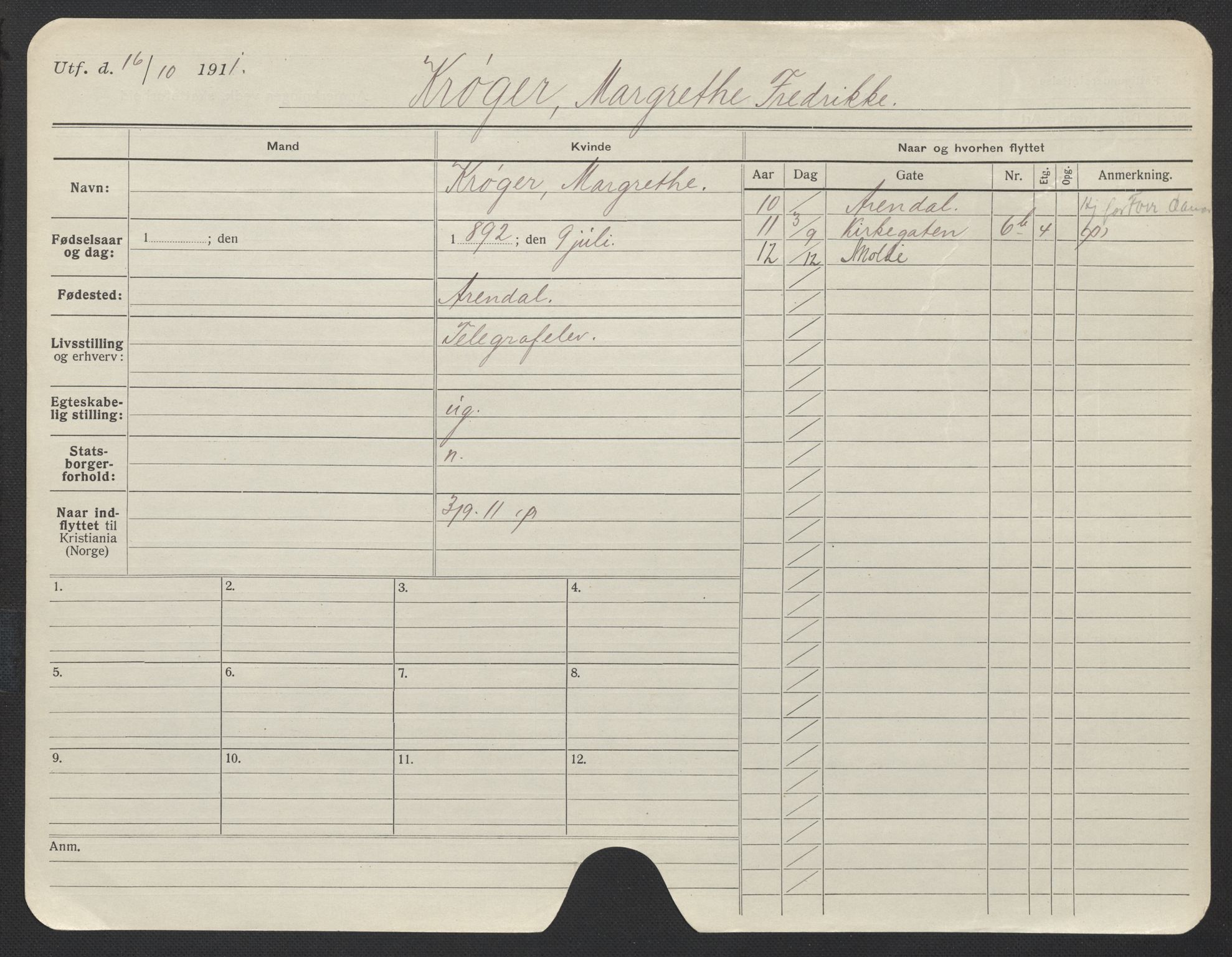 Oslo folkeregister, Registerkort, AV/SAO-A-11715/F/Fa/Fac/L0019: Kvinner, 1906-1914, p. 626a