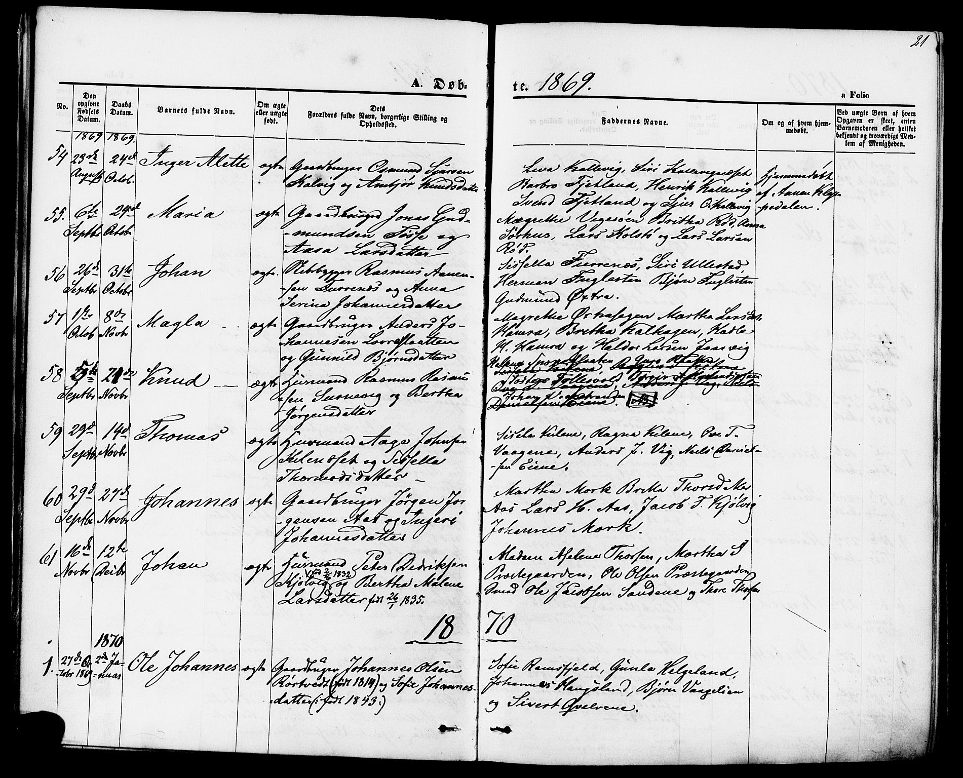 Jelsa sokneprestkontor, AV/SAST-A-101842/01/IV: Parish register (official) no. A 8, 1867-1883, p. 21