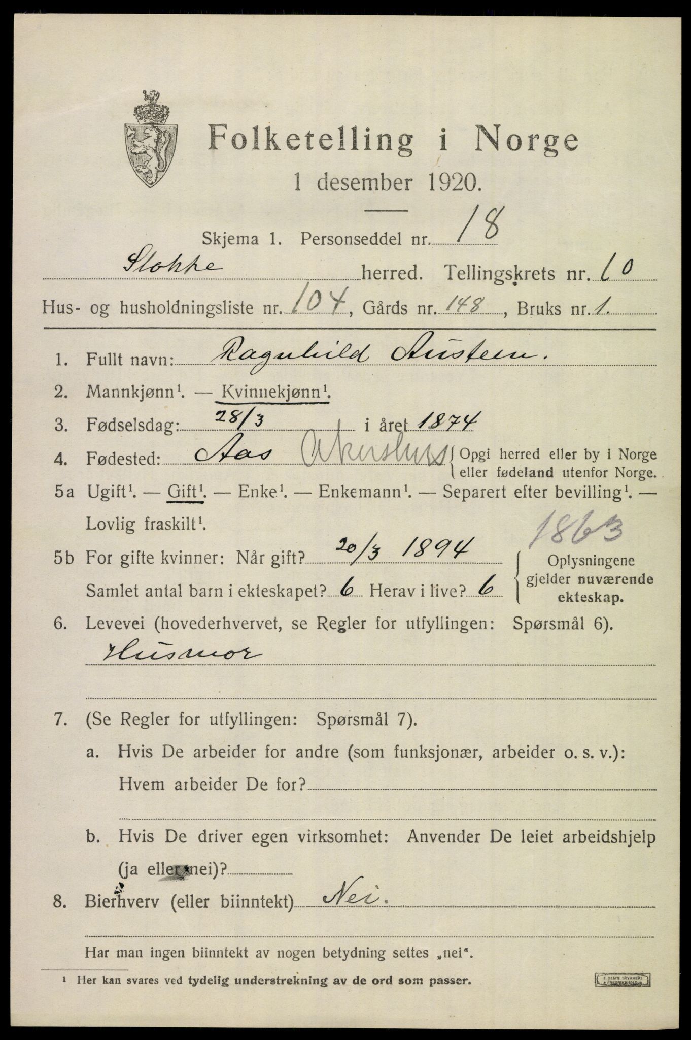 SAKO, 1920 census for Stokke, 1920, p. 12310