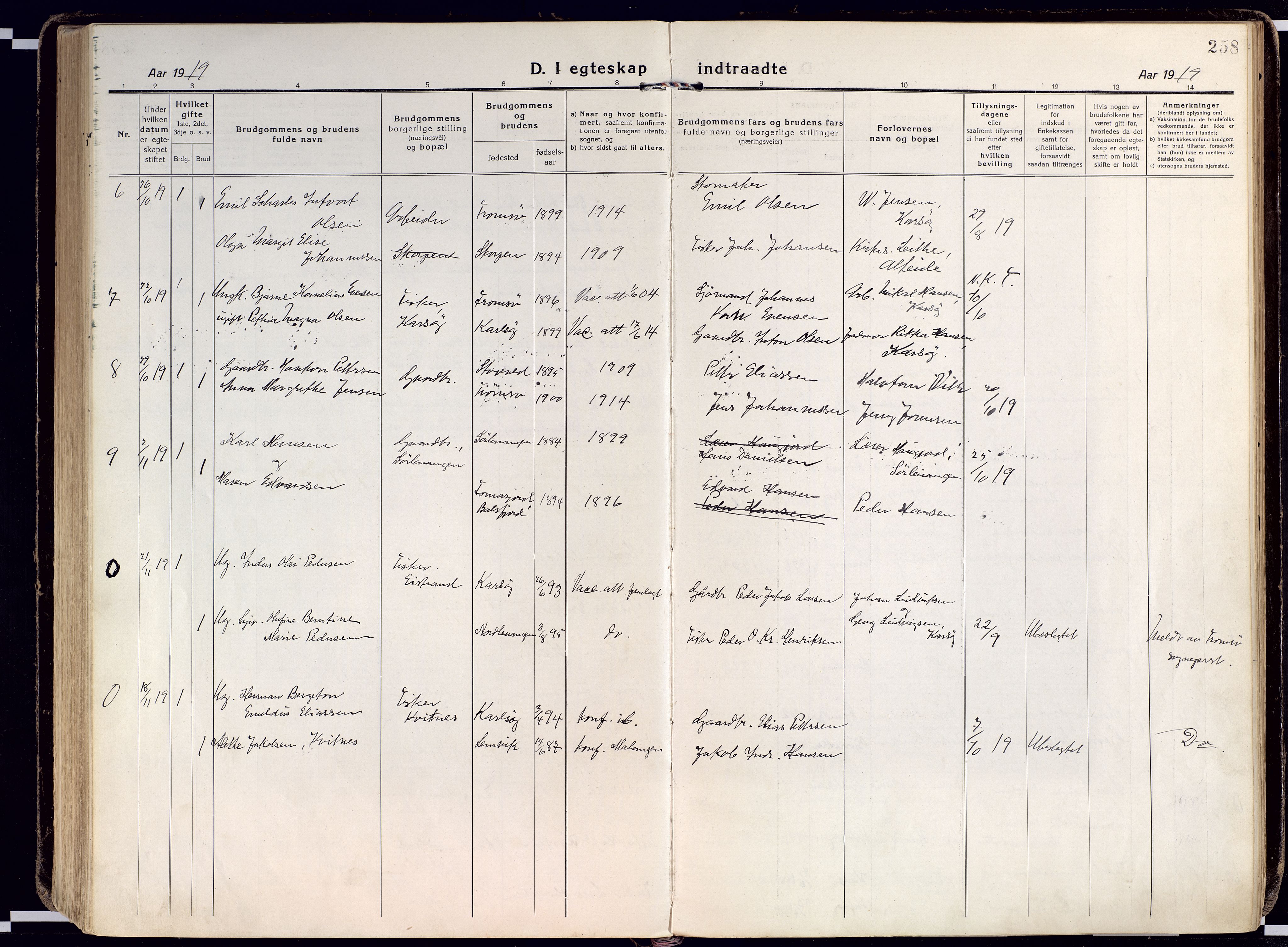 Karlsøy sokneprestembete, AV/SATØ-S-1299/H/Ha/Haa/L0015kirke: Parish register (official) no. 15, 1918-1929, p. 258