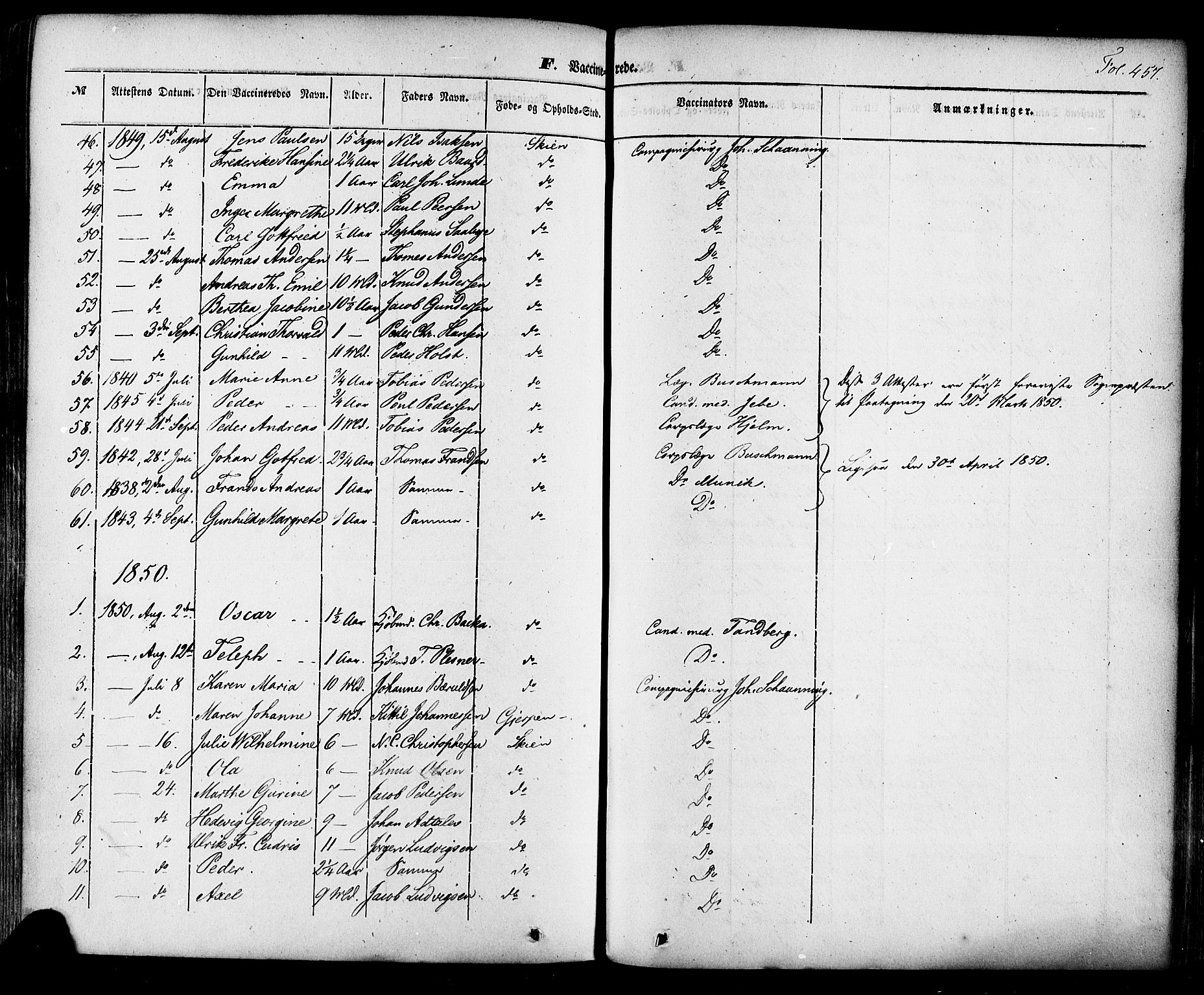 Skien kirkebøker, SAKO/A-302/F/Fa/L0006a: Parish register (official) no. 6A, 1843-1856, p. 457
