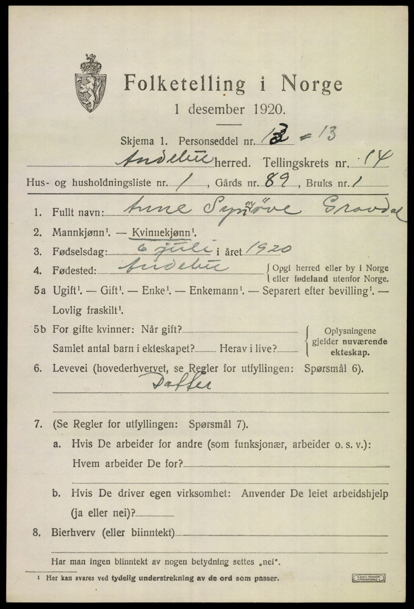 SAKO, 1920 census for Andebu, 1920, p. 5110