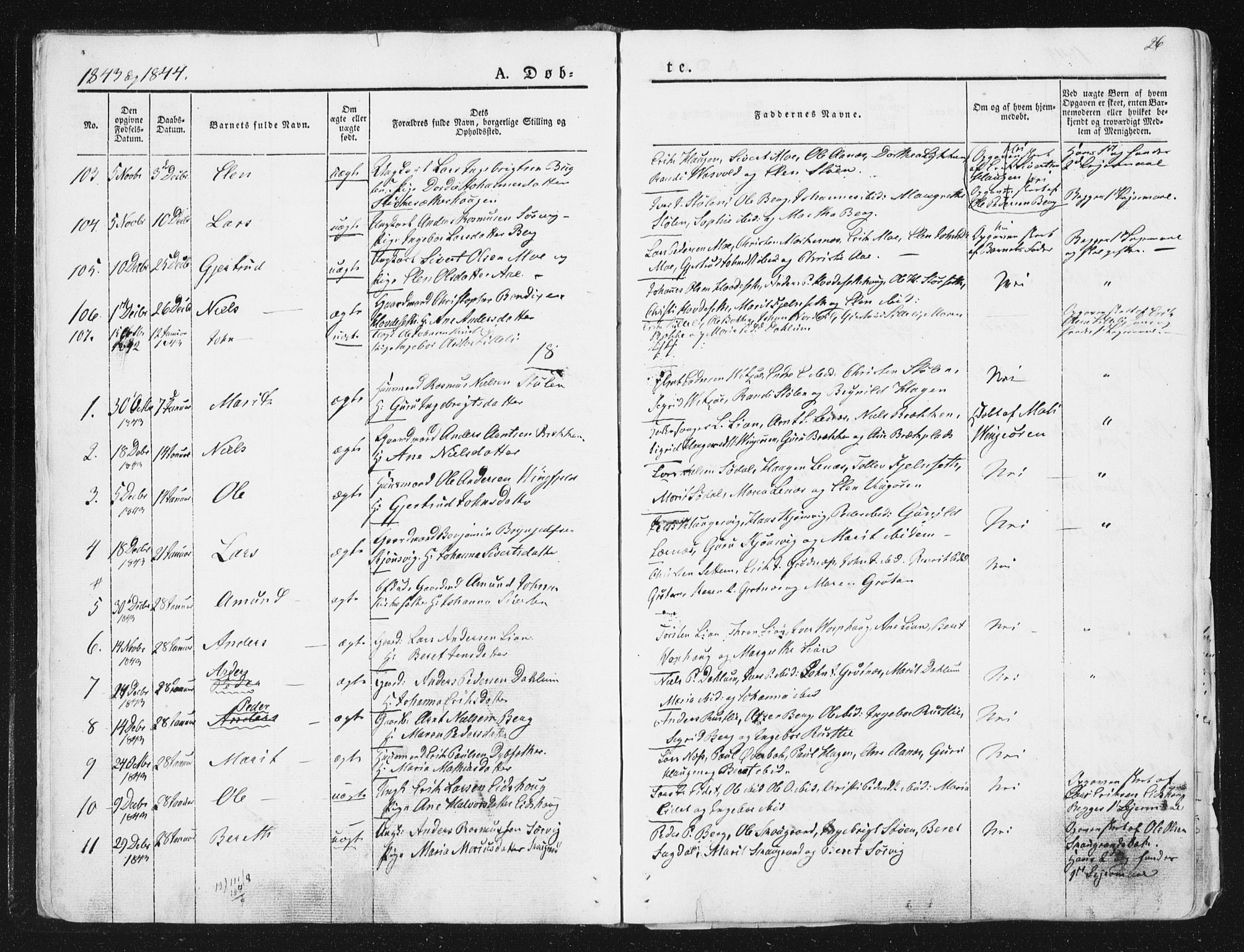 Ministerialprotokoller, klokkerbøker og fødselsregistre - Sør-Trøndelag, SAT/A-1456/630/L0493: Parish register (official) no. 630A06, 1841-1851, p. 26