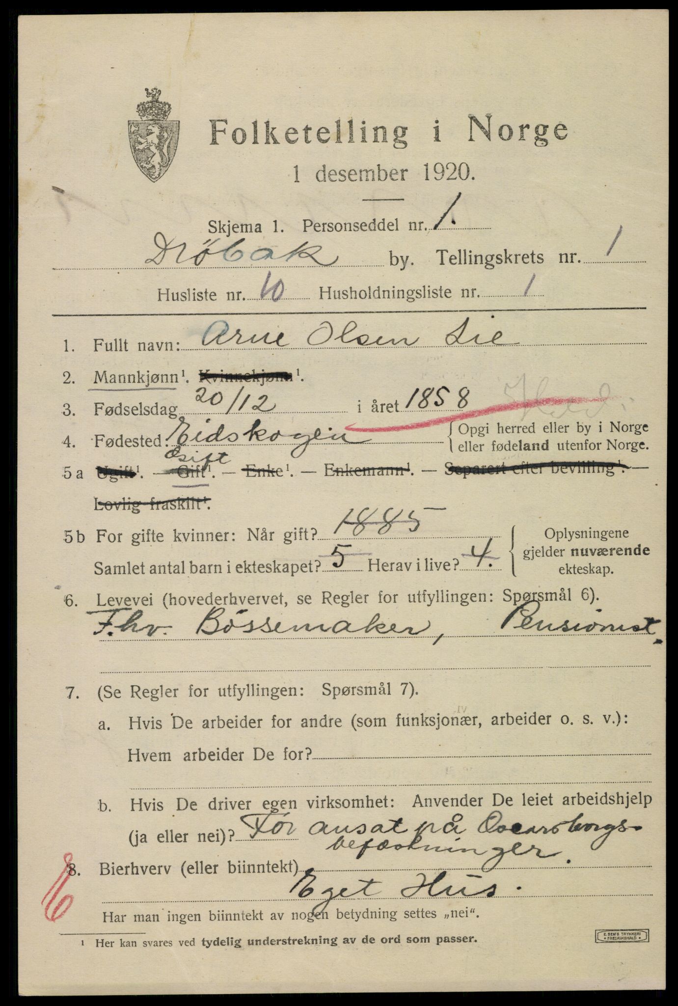 SAO, 1920 census for Drøbak, 1920, p. 2097