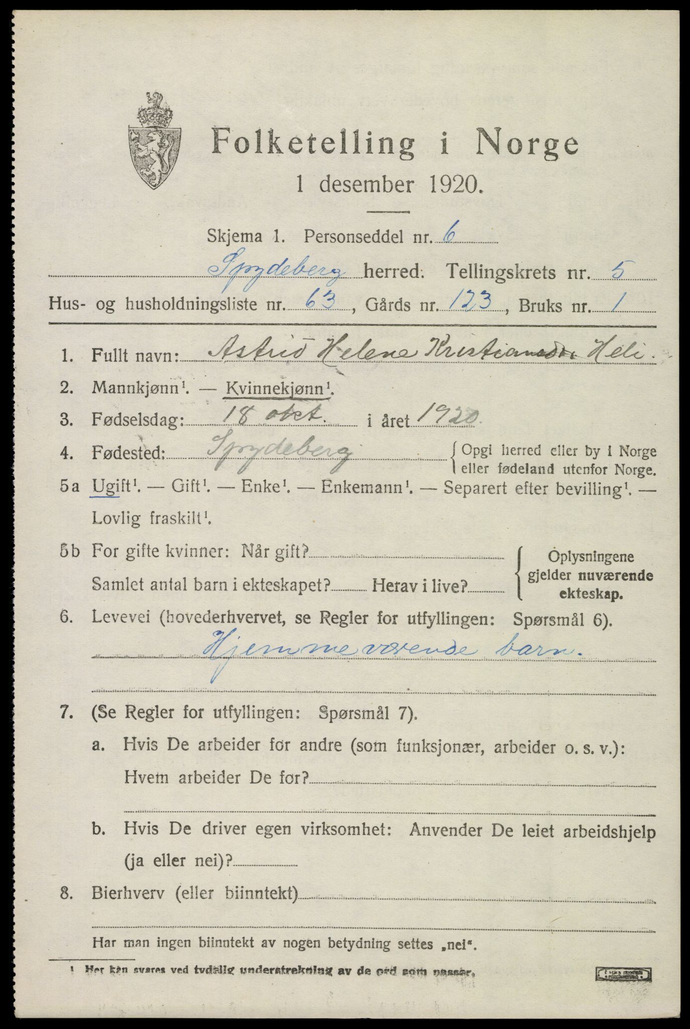 SAO, 1920 census for Spydeberg, 1920, p. 6915