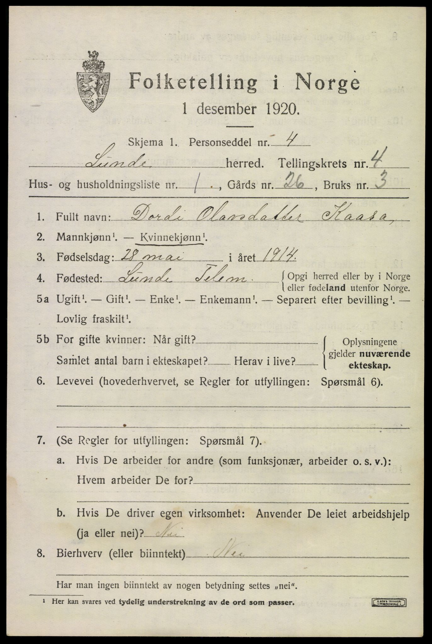 SAKO, 1920 census for Lunde, 1920, p. 2995