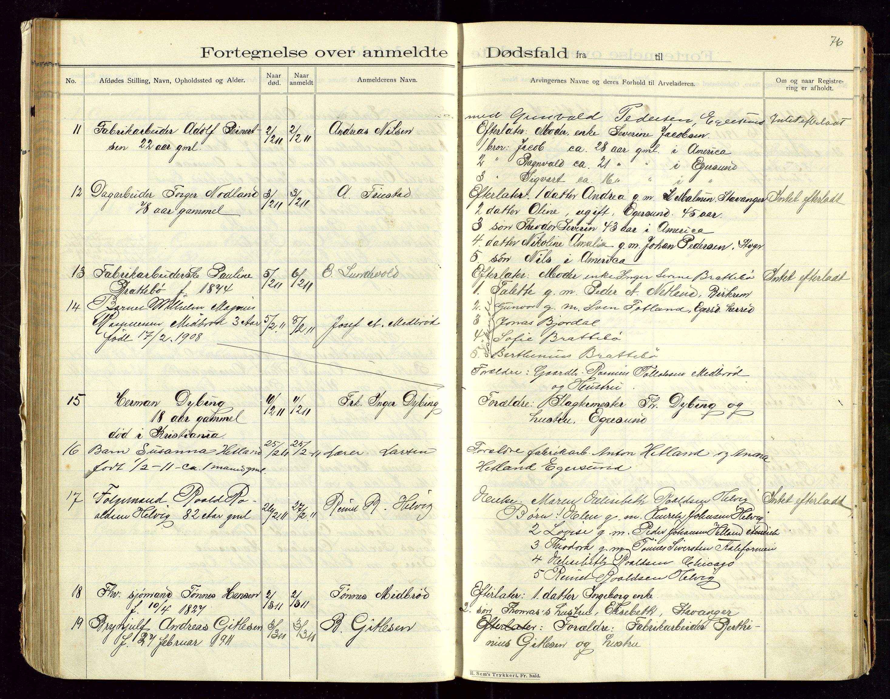 Eigersund lensmannskontor, AV/SAST-A-100171/Gga/L0005: "Dødsfalds-Protokol" m/alfabetisk navneregister, 1905-1913, p. 76